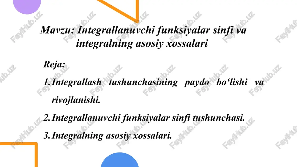 siz qiymatga ega funksiyalarni ham integrallash imkonini berdi. shunday qilib, integrallash tushunchasi qadimiy geometrik masalalardan boshlangan bo‘lsa-da, vaqt o‘tishi bilan u matematika, fizika, muhandislik, iqtisodiyot va boshqa fanlarda muhim o‘rin egallagan umumiy tahlil vositasiga aylandi. 5 integrallanuvchi funksiyalar sinfi tushunchasi matematik analizda integrallash jarayoni ma’lum bir oraliqda berilgan funksiyaning qiymatlarini yig‘indilash orqali umumiy natijaga — integralga kelish jarayonidir. ammo har qanday funksiya uchun ham integral mavjud bo‘lavermaydi. shu sababli integrallanuvchi funksiyalar sinfi tushunchasi kiritiladi. integrallanuvchi funksiya — bu shunday funksiya bo‘lib, u ma’lum oraliqda aniqlangan, chegaralangan va uning integral yig‘indilari biror limitga intiladigan bo‘ladi. ya’ni, agar berilgan f(x) funksiya [a,b] oraliqda riemann yig‘indilari yordamida aniqlangan limitga ega bo‘lsa, u holda bu funksiya riemann ma’nosida integrallanuvchi deyiladi. 6 boshqacha aytganda, [a,b] oraliqdagi f(x) funksiyaning integral yig‘indilari quyidagicha ifodalanadi: agar bu yig‘indining chegarasi oraliq bo‘linishining uzunligi da mavjud bo‘lsa, ya’ni: bo‘lsa, f(x) funksiya integrallanuvchi deyiladi va iii qiymat uning integrali deb ataladi. …