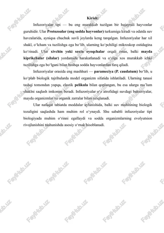 i turlicha bo‘lishi mumkin: oval, cho‘zilgan, konussimon yoki noksimon shaklda bo‘ladi. ular mikroskopik o‘lchamda, odatda 0,05 mm dan 2 mm gacha bo‘ladi, biroq ayrim yirik turlari 3 mm gacha yetadi. tana tashqi tomondan pelikula bilan qoplangan bo‘lib, bu qobiq infuzoriyaning shaklini saqlaydi va ichki organoidlarni himoya qiladi. infuzoriyalar tuzilish jihatidan boshqa sodda hayvonlardan ancha murakkab hisoblanadi, chunki ularda ikki xil yadro mavjud: · katta yadro (makronukleus) — organizmning hayotiy faoliyati, oziqlanish, nafas olish va harakat jarayonlarini boshqaradi. · kichik yadro (mikronukleus) — ko‘payish jarayonida, ya’ni genetik axborotni nasldan naslga o‘tkazishda ishtirok etadi. infuzoriyalar asosan geterotrof organizmlar bo‘lib, ya’ni tayyor organik moddalardan oziqlanadi. ular suvdagi bakteriyalar, mayda yosunlar, chirigan modda zarralari bilan oziqlanadi. oziq moddalar og‘iz sohasidan kirib, maxsus hazm vakuolalarida parchalanadi. hazm bo‘lmagan qoldiqlar esa orqa tomondagi anal teshik orqali tashqariga chiqariladi. bu organizmlar nafaqat mikroskopik dunyoning muhim vakillari, balki biologik evolyutsiyada ham ahamiyatli bosqichni ifodalaydi. infuzoriyalar suv muhitining biologik …