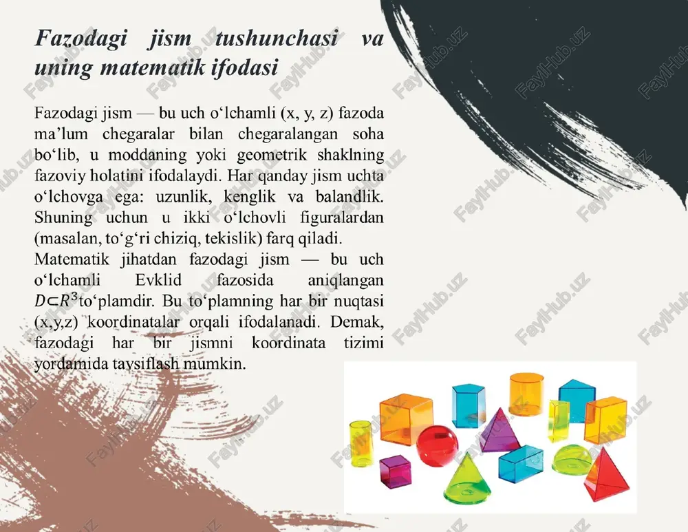 sob-kitoblar, qurilish, fizika va muhandislik sohalarida keng qo‘llaniladi. jism hajmini aniqlashning bir necha usullari mavjud. oddiy geometrik jismlar uchun maxsus formulalar qo‘llanilsa, murakkab shaklli jismlar hajmini topishda integrallash usuli, xususan uch marta integral eng qulay va aniq matematik vosita hisoblanadi. integral usuli yordamida har qanday shakldagi fazoviy sohaning hajmini aniqlash mumkin bo‘ladi. image1.png image2.png image3.png image4.png image5.png image6.png image7.png image8.png image9.png image10.png image11.png /docprops/thumbnail.jpeg