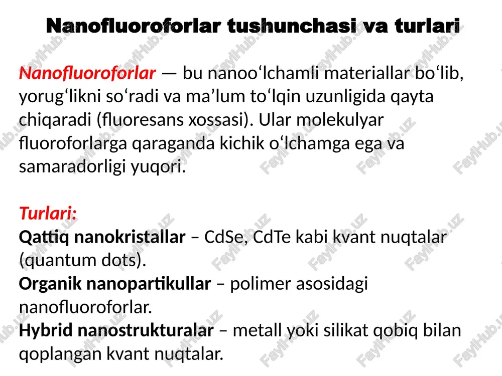 o‘qimalarni yuqori aniqlikda ko‘rsatish. kvant simlarining struktura va o‘lchamlari kvant simlar (quantum wires) — elektronlar harakati faqat bir yo‘nalishda erkin bo‘lgan, ikkinchi va uchinchi o‘lchamlarda esa cheklangan (kvantlangan) bo‘lgan nanotuzilmalardir. o‘lchamlari: uzunligi: mikrometr − millimetr gacha diametri (kesimi): 1–50 nm atrofida shu sababli elektronlar: uzunlik bo‘ylab erkin harakatlanadi kenglik va balandlik yo‘nalishida energiya darajalari kvantlanadi elektronlarning kvant holatlari va transport xossalari kvant sim ichida elektronlar to‘liq erkin emas — ular diskret (kvantlangan) energiya sathlariga ega. elektronlarning harakati: uzunlik bo‘ylab harakat 1d (bir o‘lchamli) elektron gazi modeli bilan tavsiflanadi. energiya darajalari e(n) shaklida kvantlanadi. energiya vaqtga bog‘liq holda kvant tunnellanish hodisalari yuzaga keladi. transport xossalari: balistik transport elektronlar to‘qnashuvsiz harakat qiladi → qarshilik ≈ 0 kvant o‘tkazuvchanlik o‘tkazuvchanlik g = 2e²/h kvant birliklarda o‘lchanadi. kvant interferensiya elektron to‘lqin tabiatiga ega → fazalar o‘zaro aralashadi. koulomb blokada elektronlar o‘ta kichik tuzilmaga kirishda energiya “to‘sinlari” hosil bo‘ladi. natijada kvant simlar super samarali, past …