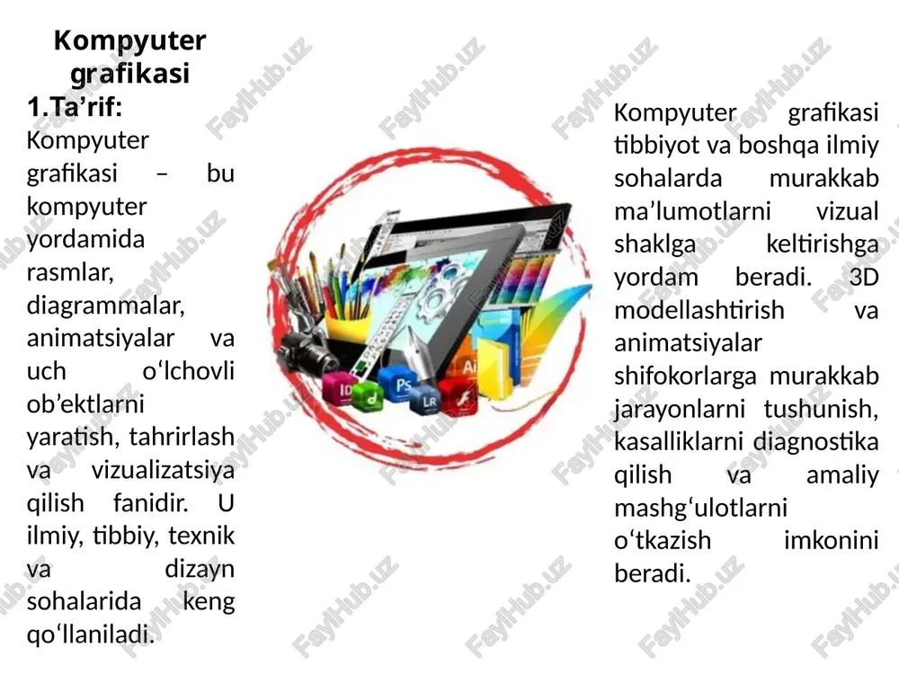 puter graphics: principles and practice. addison-wesley, 2014. hearn, d., baker, m. p. computer graphics with opengl. pearson, 2019. petrov, v. “kompyuter grafikasi va tibbiyotda qo‘llanilishi”. moskva: meditsina, 2018. angel, e. interactive computer graphics. addison-wesley, 2017. image1.jpeg image2.jpeg image3.jpeg image4.jpeg image5.jpeg image6.jpeg image7.jpeg image8.jpeg image9.jpeg image10.jpeg image11.jpeg /docprops/thumbnail.jpeg
