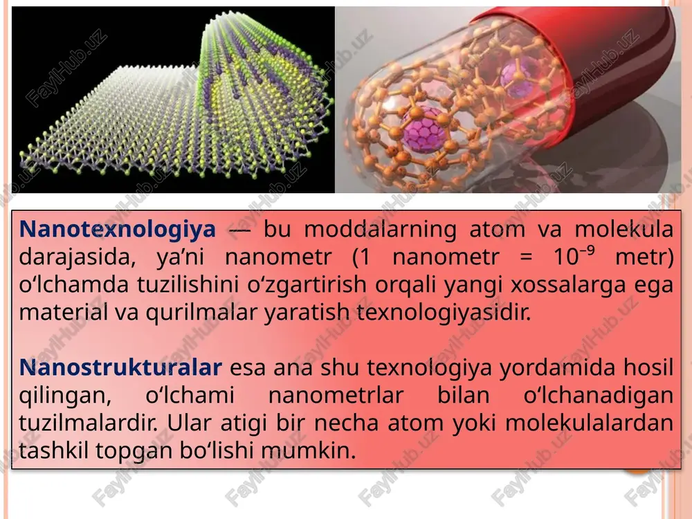lari: nanokapsulalar va nanonaychalar dori moddasini aniq zararlangan hujayraga yetkazadi, bu esa davolash samaradorligini oshirib, nojo‘ya ta’sirlarni kamaytiradi. diagnostika: nanozarrachalarga asoslangan biosensorlar yordamida o‘smalar, viruslar yoki bakteriyalarni erta bosqichda aniqlash mumkin. sun’iy to‘qimalar va implantlar: nanostrukturalar suyak, teri yoki organ o‘rnini bosuvchi biomateriallar ishlab chiqishda ishlatiladi. tibbiy asboblar: nanopokritiyali ignalar, kateterlar va jarrohlik asboblari infeksiyaga qarshi mustahkam himoya beradi. elektronika va axborot texnologiyalarida nanostrukturalar elektronika sohasida texnikaning yanada ixcham, tejamkor va tezkor bo‘lishiga xizmat qiladi. nanochiplar va nanoprotsessorlar: atom darajasida ishlovchi tranzistorlar yordamida ma’lumotni tez va energiya tejamkor tarzda qayta ishlash mumkin. qattiq disklar va xotira qurilmalari: nanomagnit materiallar yordamida sig‘imni bir necha barobar oshirish mumkin. kvant nuqtalari (quantum dots): ular displeylar, lazerlar va optoelektron qurilmalarda yuqori sifatli tasvir va rang beradi. sensor texnologiyalari: nanoo‘lchamdagi sensorlar havo, harorat yoki kimyoviy o‘zgarishlarni aniqlashda ishlatiladi. energetika va ekologiya sohasida nanostrukturalar energiyani tejash, qayta tiklash va atrof-muhitni muhofaza qilishda muhim rol o‘ynaydi. quyosh …