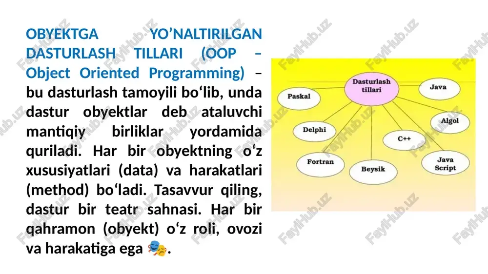 urishini kuzatuvchi sensorlar (ecg) sun’iy nafas olish apparatlari diagnostika uskunalari: x-ray, ct, eeg nima uchun: tez, aniq, “temirga eng yaqin” til. javascript bu “doktor internet”ning tili. qayerda ishlatiladi: onlayn tibbiy platformalar shifokor-pasient masofaviy konsultatsiya saytlari mobil tibbiy ilovalar (react native) masalan: telemeditsina platformasi. tili qaerda ishlatiladi kuchli tomoni python ai, tasvir tahlili, model oson va kuchli kutubxonalar java kasalxona tizimlari barqaror va xavfsiz c# qurilma interfeysi, desktop windows muhitiga mos c/c++ tibbiy apparatlar juda tez va apparatga yaqin javascript telemeditsina va web brauzerda ishlaydi r klinika tadqiqotlari statistik kuch xulosa tibbiyot sohasida zamonaviy dasturlash tillaridan foydalanish sog‘liqni saqlash jarayonlarini aniq, tezkor va ishonchli qilishga xizmat qiladi. python tibbiy tasvirlarni tahlil qilish va sun’iy intellekt asosidagi diagnostika tizimlarida foydalansa, java va c# katta kasalxona axborot tizimlari va bemorlar elektron kartalarini boshqarishda qo‘llaniladi. c/c++ esa tibbiy uskuna va apparatlarning ichki boshqaruv dasturlarini yaratishda muhim o‘rin tutadi. javascript esa masofaviy konsultatsiya va telemeditsina …