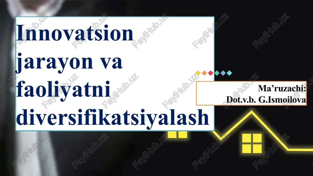 gan g'oyalar baholanadi va ular orasidan eng istiqbolli, foydali va amaliy jihatdan samarali bo'lganlari tanlanadi. g'oya baholashda iqtisodiy, texnikaviy, ijtimoiy va bozor tahlilini amalga oshirish zarur. tadqiqot va rivojlantirish (r&d) 3 bu bosqichda g'oya konkret mahsulot yoki xizmatga aylantiriladi. r&d (research and development) — ilmiy izlanishlar va rivojlantirish ishlari amalga oshiriladi. texnologiyalar va ilmiy-tadqiqotlar, prototiplar ishlab chiqish va sinovlar o'tkazish kabi jarayonlar shu bosqichda yuzaga keladi. tijoratlashtirish va bozorga chiqarish 4 innovatsion mahsulotni bozorga chiqarish va tijoratlashtirish jarayonida marketing strategiyalari ishlab chiqiladi, mahsulotni sotish va foyda olish uchun kerakli hamkorlik va resurslar jalb qilinadi. ushbu bosqichda mahsulotni ishlab chiqarish, marketing, sotish va xizmat ko'rsatish tizimi joriy etiladi. markazlashtirish va ishlab chiqarish 5 bu bosqichda innovatsion mahsulotni ommaviy ishlab chiqarish jarayonlari boshlanadi. ishlab chiqarish jarayonida samarali texnologiyalarni qo'llash, ishlab chiqarishning hajmini oshirish va sifatni ta'minlash masalalari hal qilinadi. o'rnatish va kengaytirish mahsulot muvaffaqiyatli bozorni zabt etganidan so'ng, uni kengaytirish va o'rnatish …