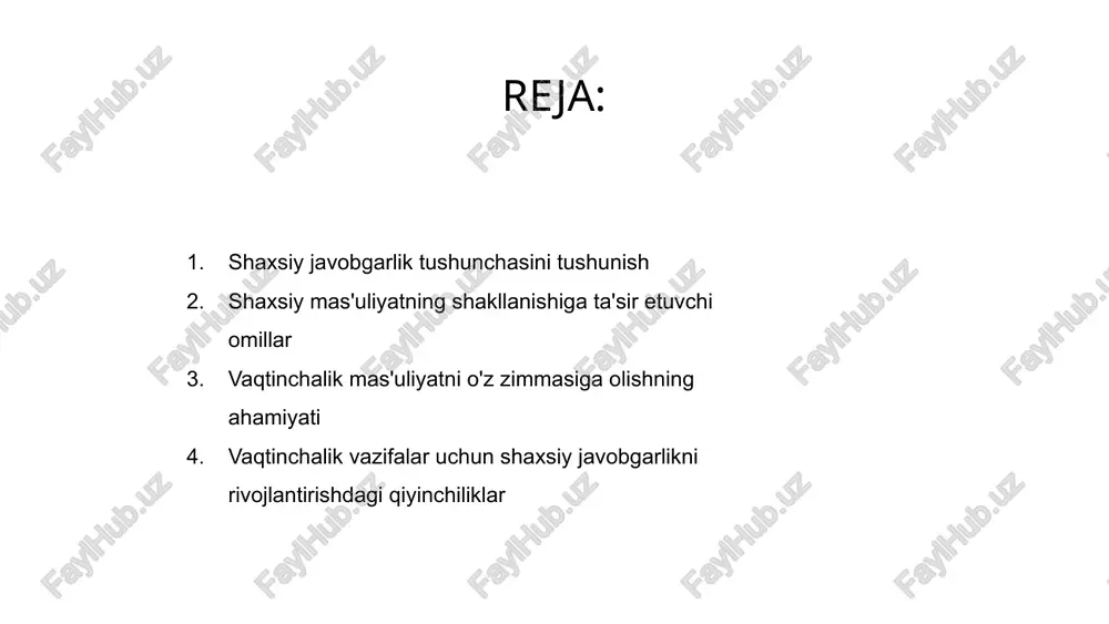 a yordam beradi, qiyinchiliklarga chidamlilik va o'ziga ishonishni rivojlantiradi. 03 vaqtinchalik vazifalar uchun shaxsiy mas'uliyatni shakllantirish shaxslarni har tomonlama barkamol, turli vaziyatlarni samarali hal qila oladigan, malakali shaxslarga aylantiradi. 02 vaqtinchalik vazifalar uchun shaxsiy javobgarlikni rivojlantirishdagi qiyinchiliklar vaqtinchalik vazifalar uchun shaxsiy mas'uliyatni rivojlantirish o'ziga xos muammolarni keltirib chiqaradi. shaxslar cheklangan vaqt ichida o'z harakatlari uchun javobgar bo'lishi kerak. aniq taxminlar va muddatlarni belgilash vaqtinchalik mas'uliyatlarga nisbatan egalik tuyg'usini rivojlantirish uchun juda muhimdir. bu vazifalarning samarali bajarilishini ta'minlashga yordam beradi. loyihaning umumiy muvaffaqiyatiga shaxsiy mas'uliyatning ta'sirini ta'kidlash muhimdir. faol xatti-harakatlar va javobgarlikni rag'batlantirish vazifalarni samarali boshqarishga olib keladi. shaxsiy mas'uliyatni shakllantirish o'z harakatlari va tanlovlari ustidan egalik qilish muhimligini tushunishni o'z ichiga oladi. bunday mas'uliyat hissini tarbiyalash o'z-o'zini mulohaza yuritishni va maqsad qo'yishni talab qiladi. shaxsiy mas'uliyatni tarbiyalash strategiyalari shaxsiy mas'uliyatni rivojlantirish strategiyalari o'z-o'zidan aniq umidlarni belgilash, samaradorlikni oshiradigan tartiblarni o'rnatish va doimiy takomillashtirish uchun fikr-mulohazalarni izlashni o'z ichiga oladi. shaxsiy …