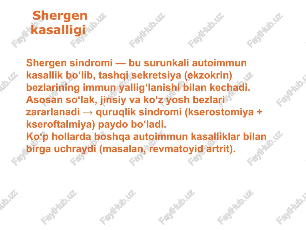 ararlanishi mumkin. uzoq davom etganda limfoma (bezli o‘sma) rivojlanish xavfi ortadi. charchoq, holsizlik, past harorat. teri quruqligi, qichishish. buyrak, o‘pka, jigar, qalqonsimon bez zararlanishi mumkin. uzoq davom etganda limfoma (bezli o‘sma) rivojlanish xavfi ortadi. bosqichlari (rivojlanish ketma-ketligi) bosqich jarayon belgilar i-bosqich (yashirin) autoantitanachalar hosil bo‘la boshlaydi, yengil yallig‘lanish hech qanday aniq belgi yo‘q yoki engil ko‘z quruqligi ii-bosqich (faol) bezlarda limfotsitlar to‘planadi, sekret kamayadi ko‘z va og‘iz quriydi, so‘lak bezlari shishadi iii-bosqich (kech, fibroz) bez hujayralari o‘lib, fibrozlanadi doimiy quruqlik, bez faoliyati yo‘qoladi, boshqa organlar zararlanadi diagnostika 🔹 laborator tekshiruvlar: ana (antinuklear antitanacha) – musbat anti-ssa (ro), anti-ssb (la) – xarakterli rf (revmatoyid faktor) – musbat gammaglobulinlar↑, esr↑ so‘lak sekretsiyasi↓, glyukoza normal 🔹 maxsus testlar: 1. shirmer testi — ko‘z yosh miqdorini o‘lchaydi (5 daqiqa ichida <5 mm bo‘lsa – patologik) 2. so‘lak sekretsiya testi 3. biopsiya (labial so‘lak bezi) – limfotsitar infiltratsiya aniqlanadi 4. ko‘zning bo‘yoq testi (rose bengal) …