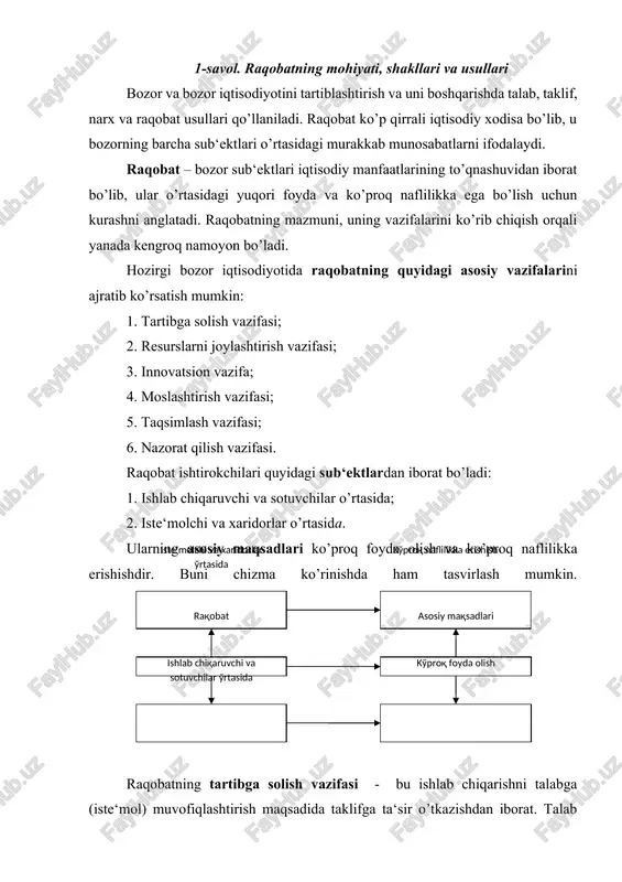 a, hudud va mintaqalarga oqilona joylashtirish imkonini beradi. raqobatning innovatsion vazifasi – fan-texnika taraqqiyoti yutuqlariga asoslanuvchi hamda bozor iqtisodiyoti sub‘ektlarining rivojlanishini taqozo etuvchi turli kurinishdagi yangiliklarning joriy etilishini bildiradi. raqobatning taqsimlash vazifasi – ishlab chiqarilgan ne‘matlar yalpi hajmi (yaim)ning iste‘molchilar o’rtasida taqsimlanishiga bevosita va bilvosita ta‘sir o’tkazadi. raqobatning nazorat qilish vazifasi bozordagi ba‘zi ishtirokchilarning boshqa bir ishtirokchilar ustidan monopolistik hukmronlik o’rnatishiga yo’l qo’ymaslikka yo’naltiriladi. raqobatning to’rtta shakli mavjud: 1. erkin raqobat; 2. monopolistik raqobat; 3. monopoliya; 4. oligopoliyadir. erkin raqobat sharoitida bir xil mahsulot ishlab chiqaruvchi tarmoqda juda ko’p sonli korxonalar mavjud bo’ladi. korxonalar mahsulot narxi ustidan sezilarsiz nazoratni amalga oshiradi, chunki korxonalar soni ko’p bo’lganligi sababli umumiy ishlab chiqarish hajmi unga katta bo’lmaydi. sof monopoliyada tarmoq bitta firmadan iborat bo’lishi sabali, u mavjud mahsulot (xizmat)ning yagona ishlab chiqaruvchisi hisoblanadi va yakka hukmronlik shakllanadi. monopolistik raqobat o’z ichiga ham monopoliya, ham raqobat unsurlarini oladi. tarmoqdagi bir turdagi mahsulotning unlab ishlab …