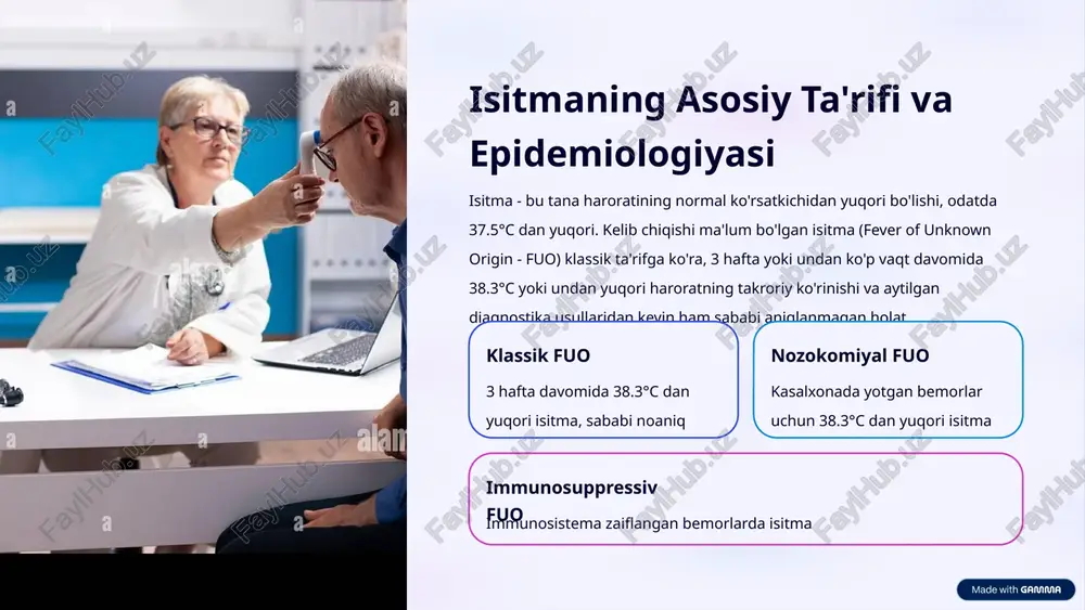 ma bemorlari ko'pincha isitma, terida shuv va vazn yo'qotish bilan taqdim etiladi. avtoimun kasalliklar, jumladan sistemali lupus eritematoz (sle), revmatoid artrit va vaskulitlar ham isitmani keltirib chiqarishi mumkin. bu kasalliklar ko'pincha boshqa simptomlar bilan birga keladi va serologik testlar diagnostikada yordam beradi. limfoma isitma, terida shuv, vazn yo'qotish. diagnostika: ldh, qon muammolari, biopsy, pet-ct leykemiya isitma, kuchsizlik, qon ko'chish. diagnostika: qon muammolari, kemoterapiya, kostni punkatsiya sle isitma, rash, artrit, serozit. diagnostika: ana, anti-dsdna, esr, crp vaskulit isitma, vaskular simptomlar. diagnostika: esr, crp, anca, biopsy 5 tizmli diagnostika yondashuvi fuo bilan og'rigan bemorlarga tizmli yondashuv juda muhim. birinchi bosqichda to'liq anamnez, jismoniy tekshiruv va asosiy laboratoriya testlari o'tkaziladi. ikkinchi bosqichda imaging usullari (ct, ultrasound) qo'llaniladi. uchinchi bosqichda, agar sabab aniqlanmasa, invaziv diagnostika usullari (biopsy, laparoskopiya) o'tkaziladi. har bir bosqichda olingan ma'lumotlar asosida keyingi bosqichga o'tish qaror qabul qilinadi. birinchi bosqich to'liq anamnez, jismoniy tekshiruv, asosiy laboratoriya testlari (qon muammolari, crp, esr) …