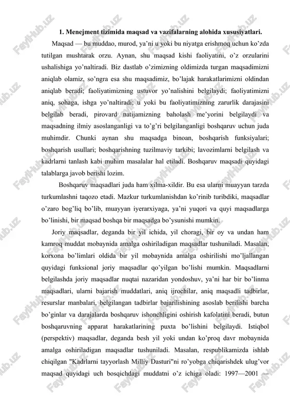 ya’ni har bir bo’linma maqsadlari, ularni bajarish muddatlari, aniq ijrochilar, aniq maqsadli tadbirlar, resurslar manbalari, belgilangan tadbirlar bajarilishining asoslab berilishi barcha bo’ginlar va darajalarda boshqaruv ishonchligini oshirish kafolatini beradi, butun boshqaruvning apparat harakatlarining puxta bo’lishini belgilaydi. istiqbol (perspektiv) maqsadlar, deganda besh yil yoki undan ko’proq davr mobaynida amalga oshiriladigan maqsadlar tushuniladi. masalan, respublikamizda ishlab chiqilgan "kadrlarni tayyorlash milliy dasturi"ni ro’yobga chiqarishdek ulug’vor maqsad quyidagi uch bosqichdagi muddatni o’z ichiga oladi: 1997—2001 — mavjud kadrlar tayyorlash tizimining ijobiy salohiyatini saqlab qolish asosida ushbu tizimni isloh qilish va rivojlantirish uchun huquqiy, kadrlar jihatdan, ilmiy-uslubiy, moliyaviy-moddiy shart-sharoitlar yaratish. 2001—2005 — milliy dasturni to’liq ro’yobga chiqarish, mehnat bozorining rivojlanishi va real ijtimoiy-iqtisodiy sharoitlarni hisobga olgan holda unga aniqliklar kiritish, 2005 va undan keyingi yillar — to’plangan tajribani tahlil qilish va umumlashtirish asosida mamlakatni ijtimoiy-iqtisodiy rivojlantirish istiqbollariga muvofiq kadrlar tay​yorlash tizimini takomillashtirish va yanada rivojlantirish. uzluksiz maqsadlar, deganda har kuni qabul qilinadigan va amalga oshiriladigan …