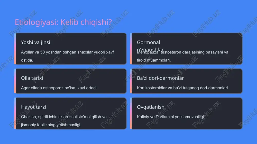nkl/opg tizimi osteoklast differensiasiyasini boshqaradi. rankl ortishi osteoporozga olib keladi. 5. genetik omillar ba’zi genlar (masalan, vdr — d vitamini retseptori geni) osteoporozga moyillikni oshiradi. klinik belgilar: dastlabki bosqichda: alomatlar deyarli yo‘q — suyak zichligi pasayadi, ammo bemor buni sezmaydi. ko‘pincha tasodifiy sinish orqali aniqlanadi (masalan, yiqilishdan keyin). klinik belgilari rivojlanganda: bel og‘rig‘i — ayniqsa umurtqa sinishlarida. bo‘y balandligining pasayishi — umurtqa ezilishi natijasida. qomatning egilishi — “kambur” holat paydo bo‘ladi. spontan suyak sinishlar — oddiy harakatda yoki engil zarbada ham suyak sinishi mumkin. asoratlar: kestirib sinishi — keksalarda eng xavfli asorat, nogironlikka olib kelishi mumkin. umurtqa sinishi — og‘riq, harakat cheklanishi, balandlik yo‘qolishi. hayot sifatining pasayishi — harakatlanish cheklangan, doimiy og‘riq, ruhiy tushkunlik. osteoporoz klinikasi ko‘pincha yashirin kechadi, shuning uchun muntazam suyak zichligi tekshiruvlari (dexa) va profilaktik choralar juda muhim hisoblanadi nafas olishda qiyinchilik — umurtqa deformatsiyasi tufayli ko‘krak qafasi siqiladi. bo‘g‘im qarsillashi, kuchli charchoq, zararlangan sohada og‘riq tashxis …