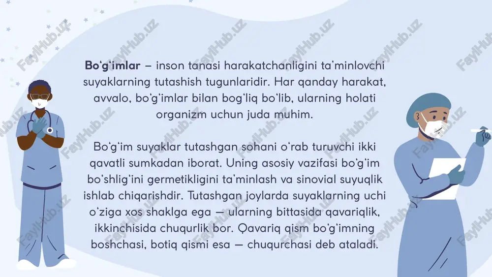, artroz va boshqa bo‘g‘im kasalliklari millionlab odamlarning hayot sifatini pasaytiradi. zamonaviy tekshirish usullari kasallikni dastlabki bosqichidayoq aniqlash imkonini beradi. bu esa samarali davolash va murakkab operatsiyalardan saqlanishni ta’minlaydi. bo‘g‘im kasalliklarini zamonaviy tekshirish qon tahlili esr, crp, revmatoid faktor, anti-ccp antikorpalari bo'g'im kasalliklarining turini va shiddatini aniqlashda katta rol o'ynaydi. sinovial suyuqlik bo'g'imdan olingan suyuqlikning tanasi, fermentlari va kristallarining tahlili infeksiya, artrit va boshqa kasalliklari farqlashga yordam beradi. laboratoriya tekshiruvlari: qon va sinovial suyuqlik laboratoriya ko'rsatkilari kliniko-anamnestik va instrumental tekshiruvlar bilan birgalikda diagnoz qo'yishda muhim rol o'ynaydi. rentgenografiya bo'g'imdagi suyak strukturasidagi o'zgarishlarni, deformatsiyalarni, osteofitlarni va qo'shimcha shakillanishlarni aniq ko'rsatadi. artroza va artriti aniqlash suyak tuzilmasidagi buzilishlar kam xarajat va tezlik klassik diagnostika usuli rentgenografiya uzi bo‘g‘imdagi suyuqlik to‘planishini, bo‘g‘im harakatining buzilishini hamda yumshoq to‘qimalar kasalliklarini bevosita kuzatish imkonini beradi. real vaqtda tekshirish ionlashtiruvchi nur ishlatilmasligi sababli uzi foyidali, xususan bolalar va homilador ayollarni tekshirishda tavsiya etiladi. xavfsiz va atkalli ultratovush …