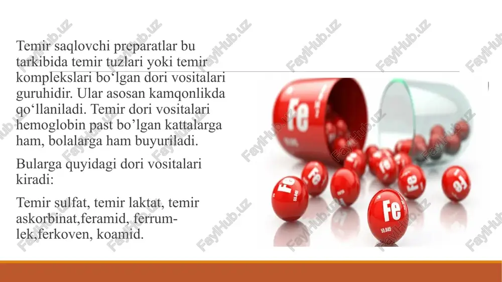 nemiyasini, shu jumladan homiladorlik va emizish vaqtida davolash uchun qo‘llaniladi. gemoglobin (hb) normal miqdoriga erishilgunicha sutkada 2 dan 3 tabletkagacha qo’llaniladi. 12 yoshdan kichik bolalarda qo‘llash mumkin emas. feramid-ferran. temir (ii) xloridning nikotinamid bilan murakkab birikmasi. tanadagi temir tanqisligini tiklaydi, gematopoez jarayonlarini rag’batlantiradi. postgemorragik anemiya, turli xil kelib chiqadigan temir tanqisligi anemiyasi. ferkoven. tarkibi: ferrum saxarati va kobalt glyukonat. eritropoezni rag’batlantiradi. kombinatsiyalangan preparat tarkibida kobalt borligi tufayli temirning utilizatsiyasi va gem sintezi yaxshilanadi, temirning eritrotsitlarga singishi tezlashadi. qo’llash mumkin bo’lmagan holatlar:surunkali va o’tkir jigar kasalliklari,gipertenziya ii va iii bosqich. ferrum lek. tarkibi: temir iii gidroksidi polimaltozati. temir [iii] gidroksidi kompleksi barqaror hisoblanadi va fiziologik sharoitlarda temir ionlarini ajratib chiqarmaydi. kompleks strukturasi organizmdagi temirni zahira qiluvchi tabiiy protein bo‘lgan ferritin tuzilishiga o‘xshash. so‘rilishning eng yuqori darajasi o‘n ikki barmoq ichak va ingichka ichakda qayd etiladi. 12 yoshdan katta bolalar, kattalar, emizikli onalar sutkada 1–3 chaynaladigan tabletkalar qabul qilinadi. ferlatum. tarkibi: temir …