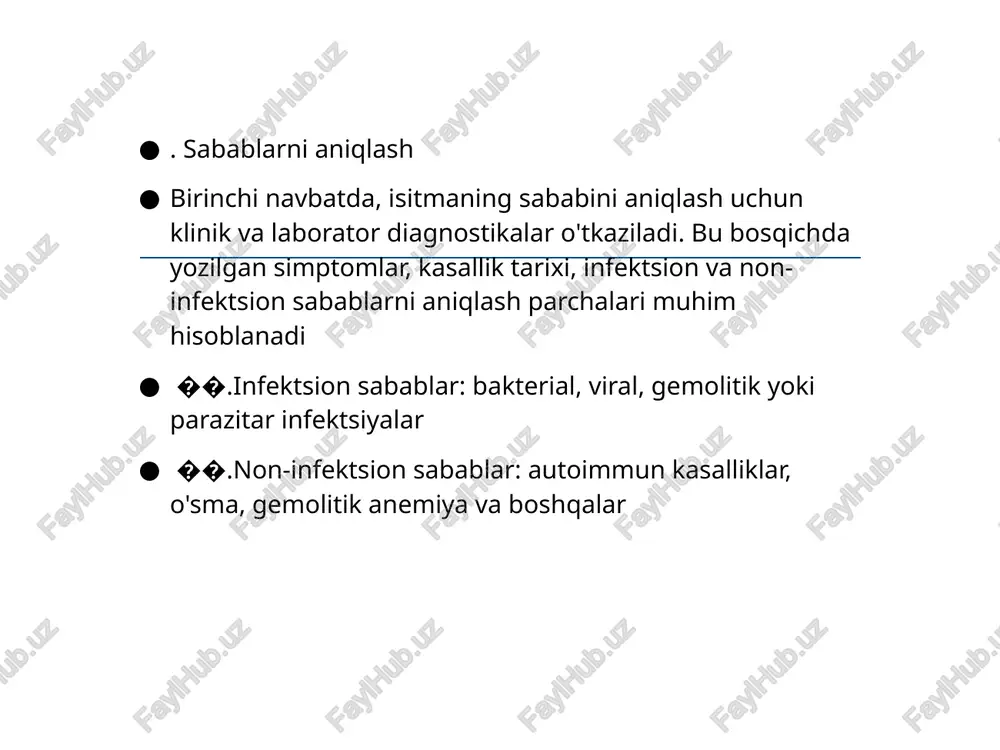 on, biokimyo, crp, esr, rentgen. ct, mri, pet/ct. • biopsiya zarur bo‘lishi mumkin. • epidemiologik omillar hisobga olinadi. tashhis — differensial diagnostika • dorilar bilan bog‘liq isitma, endokrin kasalliklar, psixogen isitma. • diagnostic clues: limfadenopatiya, splenomegaliya, ldh ↑. boshqaruv va muolaja • og‘ir holat bo‘lmasa – antibiotiklar shoshilinch berilmaydi. • sababga qarab: infektsiyada antibiotik, niidda immunosupressiv. • qo‘llab-quvvatlovchi muolaja zarur. xulosa va tavsiyalar • fuo — diagnostik qiyin holat. • tizimli yondashuv, anamnez, laborator va imaging muhim. • jamoaviy (infeksionist, revmatolog, onkolog) yondashuv samarali. image7.png