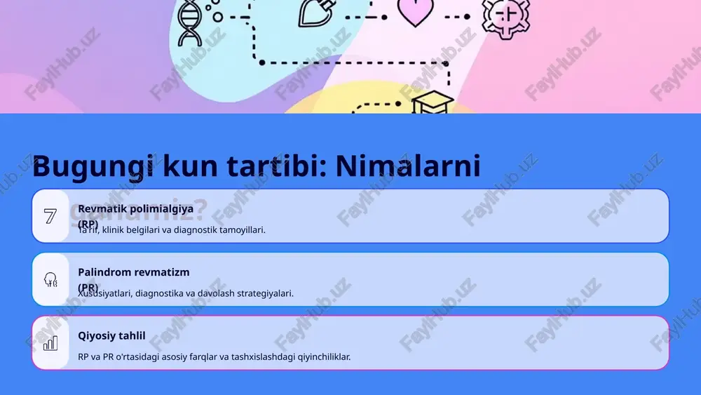 uchun dori dozasi uzoq muddat (odatda 1-2 yil) davomida asta-sekin kamaytiriladi. g'ayri-steroid dorilar ba'zida kortikosteroid dozasini kamaytirishga yordam berish uchun metotreksat kabi immunosupressorlar qo'shilishi mumkin. 5 palindrom revmatizm (pr): tushuncha va xususiyatlar boshlanish og'riq va shish avj olish tugash palindrom revmatizm — artritning kam uchraydigan shakli bo'lib, bo'g'imlarning qisqa muddatli, takrorlanuvchi yallig'lanish xurujlari bilan tavsiflanadi. xurujlar to'satdan boshlanadi va bo'g'imlar shishishi, og'riq va qizarish bilan kechadi. hujumlar orasida bemor butunlay sog'lom bo'lib, hech qanday simptom kuzatilmaydi. aholining taxminan 50% da pr keyinchalik revmatoid artritga (ra) o'tishi mumkin. 6 pr diagnostikasi: qanday aniqlanadi? pr diagnostikasi asosan klinik anamnez va xurujlarining xususiyatlariga asoslanadi, chunki xurujlar orasida yallig'lanish belgilari yo'qoladi. klinik ko'rinish to'satdan va qisqa muddatli artrit (bir necha soatdan bir necha kungacha). xurujlarning o'z-o'zidan yo'qolishi va to'liq remissiya. takrorlanuvchi xarakter (vaqt o'tishi bilan xurujlar tez-tez sodir bo'lishi mumkin). laboratoriya sinovlari yallig'lanish belgilari (echt, sro) xuruj vaqtida yuqori bo'lishi mumkin, ammo tezda normallashadi. …