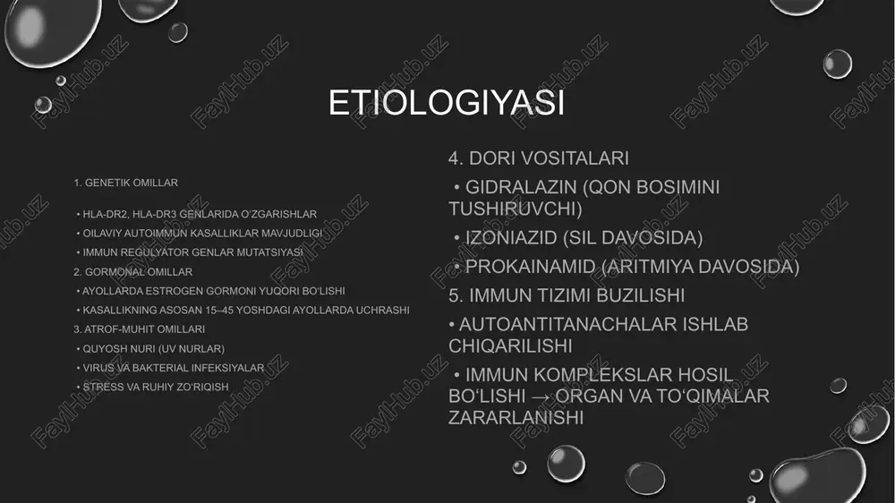 toshma (burun va yonoqlar ustida) • quyosh nuri ta’sirida kuchayuvchi toshmalar (fotosensitivlik) • soch to‘kilishi (alopecia) • teri yaralari va pigmentatsiya o‘zgarishi bo‘g‘im belgilar (artrit) • qo‘l, tirsak, tizza va oyoq bo‘g‘imlarida og‘riq • bo‘g‘imlarning shishishi va qotishishi • artrit odatda simmetrik bo‘ladi labarator tekshiruv 1. umumiy qon tahlili (oak) • anemiya – gemoglobinning pasayishi • leykopeniya – leykotsitlar sonining kamayishi • trombositopeniya – trombotsitlar sonining kamayishi • eritrosit cho‘kish tezligi (echt/esr) – yuqori bo‘ladi 2. umumiy siydik tahlili (oam) • proteinuriya – siydikda oqsil borligi • gematuriya – siydikda qon bo‘lishi • silindrlar va hujayra elementlari • lupus nefritining belgisi 3. biokimyoviy tahlillar • buyrak faoliyatini baholash: • kreatinin va mochevina oshishi • jigar ko‘rsatkichlari: alt, ast o‘zgarishi • oqsillar: • giperalfa va gammaglobulinemiya • albumin pasayishi 4. immunologik tahlillar (asosiy) ana (antinuclear antibody) lupusga umumiy sezgir test, aksariyat hollarda (+) bo‘ladi anti-dsdna lupusga xos antitanacha, kasallik faolligini ko‘rsatadi …