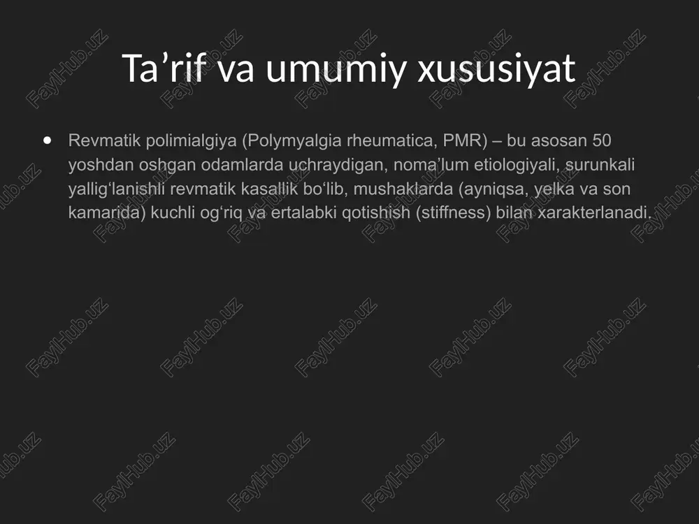 hdan katta, yangi simmetrik yelka/son og‘rig‘ida pmrni o‘ylash kerak foydalanilgan adabiyotlar 1. statpearls — polymyalgia rheumatica. 2. eular/acr 2012 provisional classification criteria (dasgupta et al.). 3. mayo clinic — polymyalgia rheumatica overview. 4. eular/acr guideline summaries & treatment reviews (medscape / eular). 5. reviews on pmr-gca association and tocilizumab studies. image1.jpeg image2.jpeg image3.jpeg image4.jpeg image5.jpeg