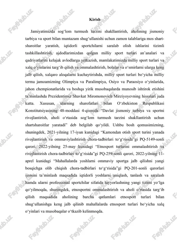 lash va saralash hamda ularni professional sportchilar sifatida tayyorlashning yangi tizimi yo‘lga qo‘yilmoqda, shuningdek, etnosportni ommalashtirish va aholi o‘rtasida targ‘ib qilish maqsadida aholining barcha qatlamlari etnosport turlari bilan shug‘ullanishga keng jalb qilinib mahallalarda etnosport turlari bo‘yicha xalq o‘yinlari va musobaqalar o‘tkazib kelinmoqda. i bob. xalq o‘yinlarining mohiyati 1.1 o`yinlarning kelib chiqish tarixi o`yin — tarixiy tashkil topgan ijtimoiy voqea, mustaqil faoliyat turi, insonga xosdir. o`yin faoliyati juda ham turli-tumandir: o`yinchoqlar bilan o`ynaladigan bolalar o`yinlari, stol o`yini, doira bo`lib o`ynaladigan o`yin, harakatli o`yinlar, sport o`yinlari. o`yin o`z-o`zini bilish vositasi, o`yin-kulgi, dam olish, jismoniy va umumiy ijtimoiy tarbiya vositasi, sport vositasi bo`lishi mumkin. o`yin madaniyati elementi sifatida jamiyatning barcha madaniyati turlariva kishilarning har xil ehtiyojlari bilan rivojlanadi: o`yin-kulgi, dam olishda, ma`naviy, aqliy va jismoniy kuchni rivojlanishida katta o`rin egallaydi. o`yin faoliyati — nafaqat madaniyatning bir elementi, balki bolalar va o`smirlarni tarbiyalashda ham foydali vosita hisoblanadi. u har doim maqsadga yo`naltirilgan va turli-tuman …