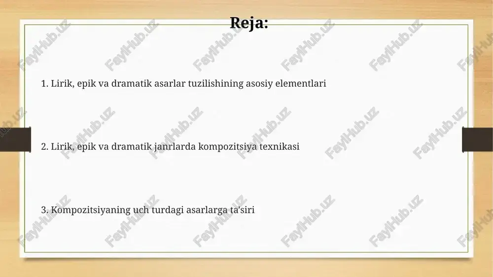ing uzoq nutqi) shaklida bo'lishi mumkin. lirik, epik va dramatik janrlarning o'ziga xos xususiyatlari lirik asarlarda hissiyotlar 1-shaxs nomidan ifodalanadi, bunda muallifning kechinmalari, 2-element: ohang va ritm muhim rol o'ynaydi hamda 3-shaxs mavjud emas. epik janrda 3-shaxs tomonidan hikoya qilinadi, voqealar keng qamrovli, ko'p sonli qahramonlar ishtirok etadi va 5ta asosiy syujet elementlari mavjud. dramatik asarlar dialog va monologlarga asoslangan, 2 yoki undan ortiq aktyor ishtirokida sahna ko'rinishlari orqali namoyish etiladi va 3ta asosiy birlikni o'z ichiga oladi. lirik asarlarda mavzu va hissiyotlar hissiyotlar lirikaning asosiy elementidir. qoʻshiqlar 3 xil (quvonch, qaygʻu, hayrat) emotsional spektrlarni o'z ichiga oladi va oʻquvchiga ta'sir etuvchi 5 hissiyotni uyg'otadi. lirik asarlarda mavzu koʻpincha shaxsiy kechinmalar, muhabbat izhorlari yoki tabiat goʻzalligini 12 talik misralar orqali ifodalashga qaratiladi, bu poetik intensivlikni oshiradi. lirik asarlarda hissiyotlar 7 bo'g'inli qofiyalar, metaforalar va 2 marta takrorlanuvchi obrazlar orqali kuchaytiriladi, bu esa ularning ta'sirini va sub'ektivligini oshiradi. epik asarlarda syujet …
