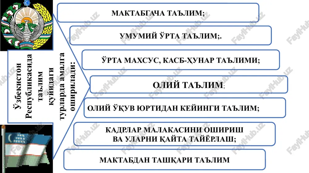 amaliy bilim beradigan, ta'lim muddati kamida to'rt yil davom etadigan tayanch oliy ta'limdir. germaniya konstitutsiyasiga muvofiq, maktab ta'lilmi davlat nazoratidadir. mamlakatda 16 ta federal xudud mavjud bo'lsa, ularning har biri o'zining ta'lim to'g'risidagi qonuniga egadir. shu sababli federal xududlarning maktab ta'lim tizimida ayrim farqlar bor. masalan aksariyatxududlarda boshlang'ich t'lim 4 yil (birinchi sinfdan to'rtinchiga qadar),poytaxt berlinda esa-6 yil. ammo bu tartib qoidalarga qaramasda, barcha xududlar uchun umumiy tartib –qoidalar amal qiladi. germaniyada maktabta'limi majburiy va bepul. 6 yoshdan 18 yoshgacha fuqarolar majburiy tartibda ta'lim olishi shart qilib belgilangan. maktab ta'lim tizimi esa boshlang'ich, o'rta va yuqori bosqichlarga bo'linadi. o'quvchilarga 3 sinfdan baho qo'yila boshlaydi. germaniyada 6 ballik baho tizimi qabul qilingan. ta'limi majburiy va bepul. 6 yoshdan 18 yoshgacha fuqarolar majburiy tartibda ta'lim olishi shart qilib belgilangan. maktab ta'lim tizimi esa boshlang'ich, o'rta va yuqori bosqichlarga bo'li-nadi. o'quvchilarga 3 sinfdan baho qo'yila bosh-laydi. germaniyada 6 ballik baho tizimi qabul qilingan. …
