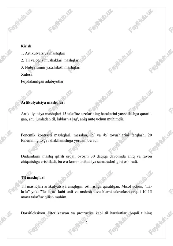 ilashga yordam beradi. og'izning ochilishi va yopilishi kabi jag' mashqlari temporomandibular bo'g'im (tmj) buzilishlarida og'riqni kamaytiradi va normal og'iz harakatini 3 bosqichda tiklashga yordam beradi. jag' mashqlari, jumladan lateral harakatlar, tishlashni to'g'rilashga yordam beradi va erta bolalik davrida 5-7 yoshdagi bolalarda nutq muammolarini kamaytiradi. nafas olish mashqlari diafragmatik nafas olish, qorin mushaklarini ishlatib, chuqur nafas olishni o'rgatadi, bu esa 2-3 daqiqalik mashqlar davomida ovoz chiqarishni yaxshilaydi. lab-burun nafas olish mashqlari burun orqali 4 soniya davomida nafas olishni va lablar orqali 6 soniya davomida chiqarishni o'z ichiga oladi. klavikulyar nafas olishda o'pkaning yuqori qismi ishlatiladi; 5-6 marta qisqa-qisqa nafas olish orqali o'pka faoliyatini yaxshilashga yordam beradi. fonatsiya mashqlari fonatsiya mashqlari ovoz paychalarini aktivlashtirish va boshqarishga qaratilgan bo'lib, tovush balandligi, tembri va sifatini yaxshilash uchun 5-10 daqiqa davomida bajariladi. bu mashqlar, jumladan, lablarni titratish (masalan, "brrr") va tilni tebratish (masalan, "trrr") kabi harakatlar, ovoz tembrini yaxshilash uchun kamida 3 marta takrorlanadi. fonatsiya …