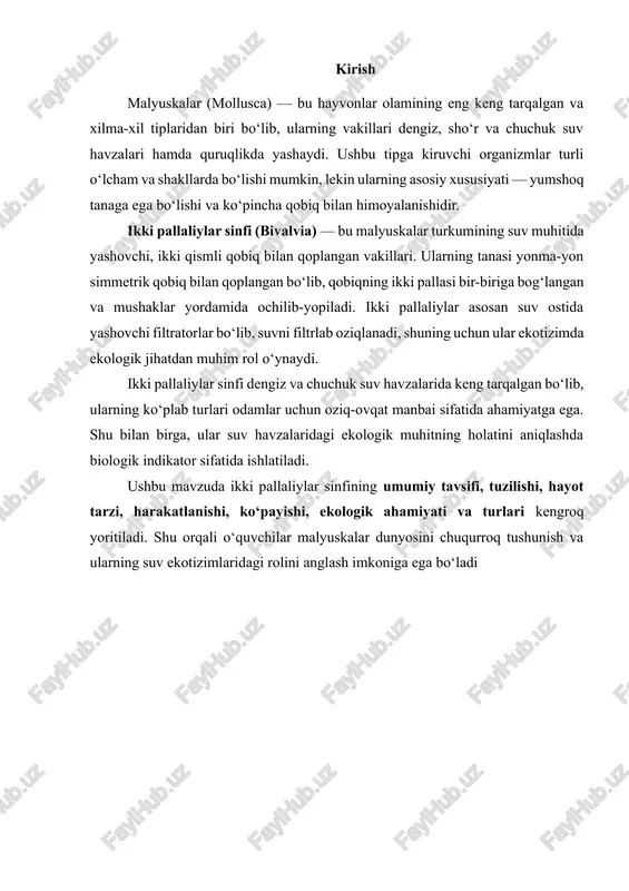sh, orka chiqaruv va jinsiy teshiklar ham mantiya boʻshligʻiga ochiladi. mantiya tananing orqa tomonida chigʻanoq hosil qiladi. chigʻanoq tanani himoya qilib turadi. harakat organi tananing qorin tomonidan hosil boʻladigan yassi yoki ponasimon yagona oyoqdan iborat. ikkilamchi tana boʻshligʻi gʻovak biriktiruvchi toʻqima bilan toʻlgan; selom va uning qoldigʻi yurakoldi xaltasi (perikardiy)ni va jinsiy bezlar atrofidagi boʻshliqni hosil qiladi. qon aylanish sistemasi tutashmagan; qon tomirlardan. hamda tana boʻshligʻi qoldikdari— lakunlar va sinuslar orqali oqib oʻtadi. yuragi qorincha va boʻlmacha deb ataladigan 2 yoki 4 ta ka-meradan iborat. nafas organlari ktenidiy deb ataladigan jabralardan, quruklikda va koʻpchilik chuchuk suvda yashaydigan mollyuskalarda oʻpkadan iborat. ayirish organi halqali chuvalchanglarnpnt metanefridiylariga oʻxshash tuzilgan bir juft naysimon buyraklardan tashkil topgan. buyragi yurakoldi xaltasidan boshlanib, chiqarish sifoni deb ataladigan mantiya boʻshligʻiga ochiladi. nerv sistemasi koʻpchilik m.da tananing turli qismida joylashgan 3 yoki 5 juft nerv tugunlaridan iborat. tuban tuzilgan m. nerv sistemasi xalqum atrofi nerv halqasi hamda tana …