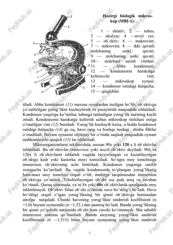 . buning uchun stolcha​ning ikki tomonidagi vintlar (10) dan foydalaniladi. buyum oynasi qo’l bilan oldinga yoki bir chekkaga surilganida tek-shirilayotgan ob`ekt ko’zga chalinmay ko’rinishi mumkin. shu sababli uni qo’l bilan emas, balki stolchani harakatga keltiradigan vintlar bilan surib, mikroskop doirasining markaziga keltirish kerak. mikroskopdagi ko’zgu (13) yorug’likni to’plash uchun ishla- hozirgi biologik mikros​kop (mbi-1): 1 - shtativ; 2 — tubus; 3 — okulyar; 4 —revol ver; 5 — ob`ektiv; 6 — makrovint; 7 — mikrovint; 8 — ikki qavatli stolcha​ning ostki qavati; 9 — stolchaning ustki qavati; 10— stolchani surish vintlari; 11 — abbe kondensori; 12 — kondensorni harakatga keltiruvchi vint; 13 — mikros​kop oynasi; 14 — kondensor ostidagi halqacha; 15 — qisqichlar. tiladi. abbe kondensori (11) maxsus oynalardan tuzilgan bo’lib, ob`ektivga yo’naltirilgan yorug’likni kuchaytirish va pasaytirish maqsadida ishlatiladi. kondensor yuqoriga ko’tarilsa, tubusga tushadigan yorug’lik nurining kuchi ortadi. kondensorni harakatga kelti​rish uchun mikroskop stolchasi ostiga o’rnatilgan vint (12) buraladi. yorug’lik …