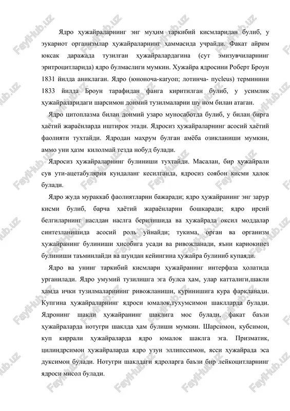 hujayrada esa duksimon buladi. notugri shakldagi yadrolarga ba'zi bir leykotsitlarning yadrosi misol buladi. yadro hujayrada asosan bitta (bir yadroli hujayrada) yoki ikkita(ikki yadroli hujayrada) buladi. masalan, infuzoriya tufelkasida ikkita yadro, ya'ni katta yadro (makronukleus) va kichik yadro (mikronukleus) buladi. kup yadroli hujayralar yoki simplastlar ham mavjuddir. masalan, karnaychi degan infuzoriyaning yadrosi tasbehsimon, kizil kumikdagi hujayralarda uzuksimon, leykotsitlarda kolbasimon sigmentlangan buladi. yadroning ulchami, kattaligi turlicha bulib, 4 mkm dan (spermatozoid) 40 mkm gacha (tuxum hujayra) buladi. yadro ulchami tsitoplazma ulchamiga kupincha tugri proportsional buladi. yadro va tsitoplazmaning xajm nisbati yadro-plazma nisbati deb ataladi. yadroning hujayrada joylashishi har xil bulib, hujayraning faoliyati va shakliga boglik buladi. differtsiallashmagan hujayralarda yadro geometrik markazda joylashadi. xayvon va odamlarning bez hujayralarida yadro hujayralarning bazal kismida joylashib, apikal kismi sekret bilan band buladi. yadro kuyidagi asosiy strukturaviy komponentlardan iborat: 1-yadro kobigi;2-xromatin strukturalari; 3-bir yoki necha yadrocha; 4-karioplazma (yadro shirasi) (7-rasm). 7-rasm.a.xujayra yadrosi kundalang kesimining sxematik ifodasi: 1-yadro …
