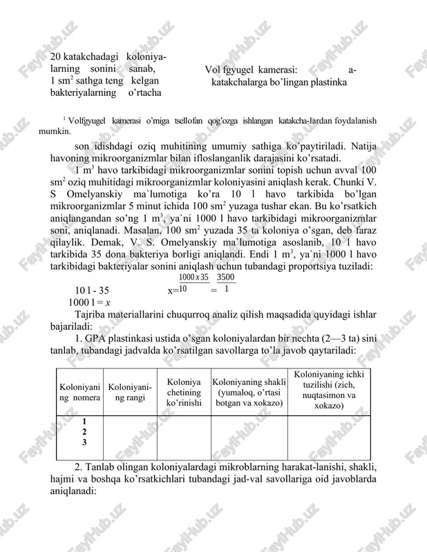 a ro’pa- rama-ro’para kelgan 10— 20 katakchadagi koloniya- vol fgyugel kamerasi: a- katakchalarga bo’lingan plastinka larning sonini sanab, 1 sm2 sathga teng kelgan bakteriyalarning o’rtacha 1 volfgyugel kamerasi o’rniga tsellofan qog’ozga ishlangan katakcha-lardan foydalanish mumkin. son idishdagi oziq muhitining umumiy sathiga ko’paytiriladi. natija havoning mikroorganizmlar bilan ifloslanganlik darajasini ko’rsatadi. 1 m3 havo tarkibidagi mikroorganizmlar sonini topish uchun avval 100 sm2 oziq muhitidagi mikroorganizmlar koloniyasini aniqlash kerak. chunki v. s omelyanskiy ma`lumotiga ko’ra 10 l havo tarkibida bo’lgan mikroorganizmlar 5 minut ichida 100 sm2 yuzaga tushar ekan. bu ko’rsatkich aniqlangandan so’ng 1 m3, ya`ni 1000 l havo tarkibidagi mikroorganizmlar soni, aniqlanadi. masalan, 100 sm2 yuzada 35 ta koloniya o’sgan, deb faraz qilaylik. demak, v. s. omelyanskiy ma`lumotiga asoslanib, 10 l havo tarkibida 35 dona bakteriya borligi aniqlandi. endi 1 m3, ya`ni 1000 l havo tarkibidagi bakteriyalar sonini aniqlash uchun tubandagi proportsiya tuziladi: 10 l - 35 x== 1000 l = x …
