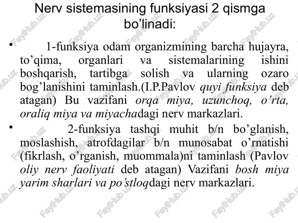 ev ko’pri (miya ko’pri)gi; o’rta va oraliq miya va miyacha kiradi) uzunchoq miya: reflektor va o’tkazuvchanlik funk. bajar. reflektor funk- nafas olish, yurak ishini boshqarish markazi; ko’zni ochib-yumish, ko’z yoshi, yo’talish, aksirish, oshqozon-ichakda shira ajralishini boshqarish reflekslari markazi joy. miya ko’prigi (varoliev ko’prigi) – reflektor va o’tkazuvchanlik funk. – uchlik, ko’z soqqasini va yuz muskullarini harakat. nerv markaz/ joylashgan. o’rta miya: qoramtir moddali nerv markazi ovqatni chaynash va yutish reflekslarini, qo’l barmoqlari nozik harakatini boshqaradi. qizil tana – muskullar tarangligini. po’stloq osti ko’rish mark. po’stloq osti eshitish mark. oraliq miya – ko’rish do’mboqlari (talamus) va do’mboq osti soha (gipotalamus) ko’rish do’mboqlari (talamus) po’stloq osti sezgi markazi b/b issiq sovuq, og’riq, tam, hid eng avval shu mark. orqali qabul qilinadi gipotalamus – vegitativ nerv sis mark. joy. ichki azo/ kayifat, ochlik to’qlik, hayajon, modda almash. boshq. gipofiz ishi ham boshqariladi miyacha – barcha muskullar tarangligi, harakatlarning tartibli bajarilishi, muvozanat. image1.jpeg image2.jpeg …