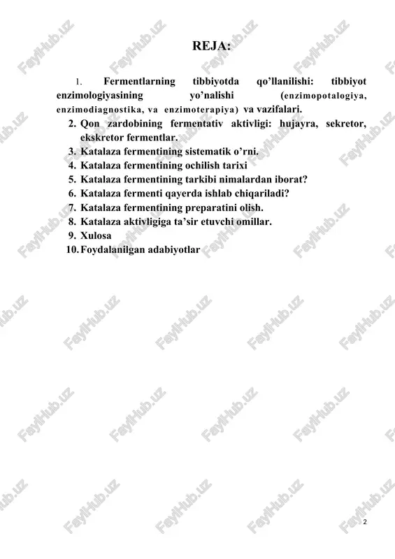 ishi patologiyaga sabab bo’ladi. enzimopatologiya somatik kasalliklarning sabablarini muvaffaqiyatli hal qiladi. buning uchun juda ko’p yirik ilmiy markazlar, ilmiy – tadqiqot institutlari yaratildi, ularda turli xil kasalliklar(ateroskleroz, havfli o’sma, revmatroid artrit)ning molekular asoslari kiritildi. enzimodiagnostika – 2 ta yo’l bilan rivojlanadi. birinchi yo’li – fermentlar qon zardobi, siydik, oshqozon shirasi va boshqalardagi normal va anormal kimyoviy moddalarni miqdorini aniqlash uchun tanlab oluvchi sifatida qo’llaniladi. ikkinchi yo’li – kasallik vaqtidagi biologik suyuqliklardagi fermentlar miqdorining o’zgarishini tahlil qiladi. bundan shu narsa ma’lum bo’ldiki, hujayra parchalanganda qon zardobidagi fermentlar guruhi miqdori oshadi. shu kungacha kashf etilgan 3500dan ortiq fermentlardan ko’pchiligi odam organizmida uchraydigan va enzimodiagnostikada ko’p qo’llaniladigan fermentlar hisoblanadi. hususan shulardan lipazalar, amilazalar, tripsin, va ximotripsinlar qandli diabetda, xavfli o’smalarda, buyrak kasalliklarida organizmdagi miqdori ortadi. miokard infarktida ayniqsa 2 xil aminotransferazalar, kreatinkinazalar va ularning izofermentlari, laktatdegidrogenaza va uning izofermentlari miqdori qon zardobi tarkibida ayniqsa tezda oshib ketadi. enzimoterapiya – fermentlar va ularning aktivator …