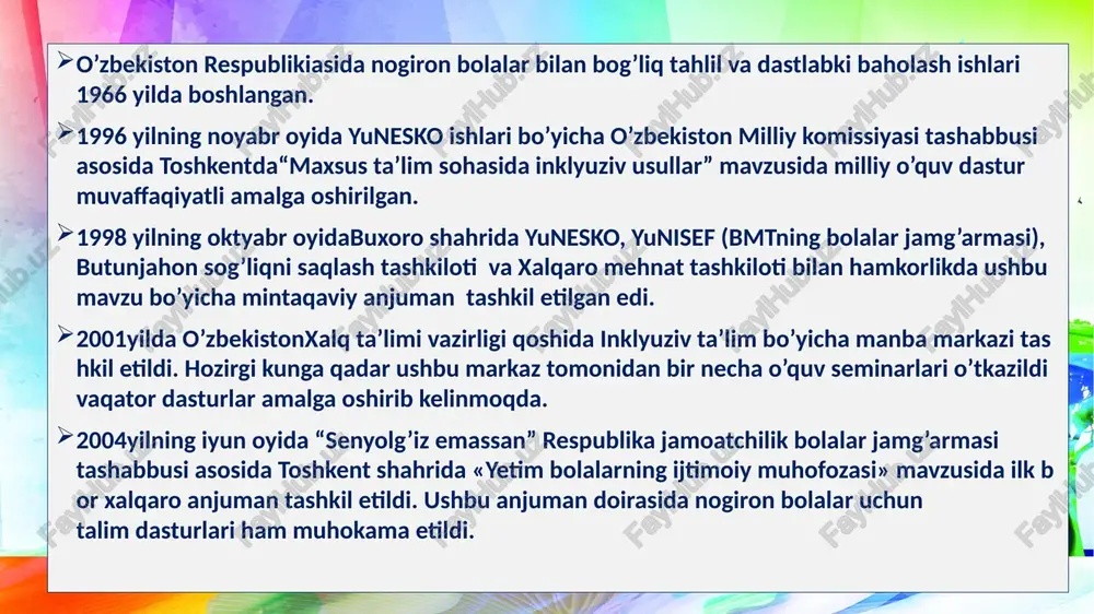 larga maslahat xizmatini ko’rsatish; uslubiy qo’llanmalar, tavsiyanomalar, maxsus maktablarda nogiron bolalar bilan ishlash rejasini yaratish; yuridik faoliyat va ijtimoiy muhofaza bo’yicha ma’lumot bilan ta’minlash; nogiron bolalar ta’limi sohasida faoliyat yurituvchi jamoat va davlat tashkilotlari bilan hamkorlik qilish; nogiron bolalar ta’limi sohasida mavjud kamchiliklarni ommaviy axborot vasitalarida yoritib borish; xalqaro tashkilotlar bilan hamkorlik qilish; maxsus ta’lim sohasidagi tajribalarni tatbiq etish 2000yil o’zbekistonda inklyuziv ta’limning ilk asosi sifatida respublika ta’lim markazi maxsus ta’lim bo’limi tomonidan “o’zbekiston respublikasida alohida yordamga muhtoj bolalar ochiq ta’lim tizimining rivojlantirish chora-tadbir rejasi” ishlab chiqildi. bu reja dasturda alohida yordamga muhtoj bolalarni umumta’lim tizimiga kiritishning quyidagi tashkiliy asoslari yoritib berildi: ommaviy axborot orqali jamiyat ongini inklyuziv ta’limga tayyorlash; respublikadagi alohida yordamga muhtoj bo’lgan bolalar haqida axborot banki yaratish; barcha turdagi nuqsonli bolalar uchunumumta’lim va yakka tartibda oilalarda o’qitilishi bo’yicha turli xil o’quv metodik adabiyotlar, didaktik vositalar ishlab chiqish va ta’minlash masalalari qayd qilingan. 2005yilning 19 sentyabr kuni xtvning …