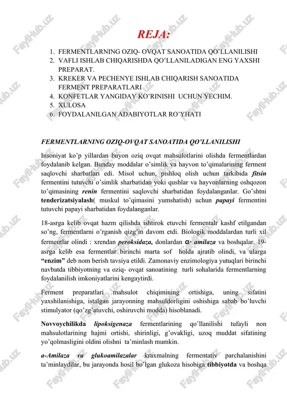 ibbiyotda va boshqa sohalarda ishlatiladigan glukozali mahsulotlar olish mumkin. bu jarayonda glukozani turli moddalardan olish mumkin: kartoshka kraxmali, bug’doy va makkajo’hori donlari. bunda kraxmalning yo’qotilish darajasi pasayadi, qayta ishlangan makkajo’horidan olinadigan oqsilning sifati ortadi. vino ishlab chiqarish sanoatida va meva- sabzavotlar sharbatlari ishlab chiqarish sanoatida eng avvalo olinadigan suyuqlikning miqdori va uning konsentrati miqdori ortadi, sharbatlarning yuqori sifatli tozaligi ta’minlanadi, chunki bu jarayon spirtsiz ichimliklar ishlab chiqarish sanoatida ularning saqlash muddati va tozaligini ushlab turishda muhimdir. bunday meva sharbatlari tarkibida pektin mavjud bo’lib, u odam ichak tizimidagi zararli mikroblar chiqarib yuborilishini ta’minlaydi. shakar ishlab chiqarish texnologiyasida β- fruktofuranozidaza fermentini qo'llab turib, saxarozani yuqori temperaturada kislotali gidrolizlashda hosil bo’ladigan zararli oksimetilfurfurolsiz yuqori darajada gidrolizlashga erishish mumkin. hozircha bu metoddan moskvadagi “mantulina” nomli shakar tozalash zavodida tajriba sifatida qo’llanilmoqda. spirtli ichimliklar ishlab chiqarish sanoatida amilo- va proteolitik fermentlar preparatlarini qo’llab mahsulotning unumini 90%ga yetdi. bunda solod(yanchilgan g’alla)ning ko’p qismi ferment preparati bilan …