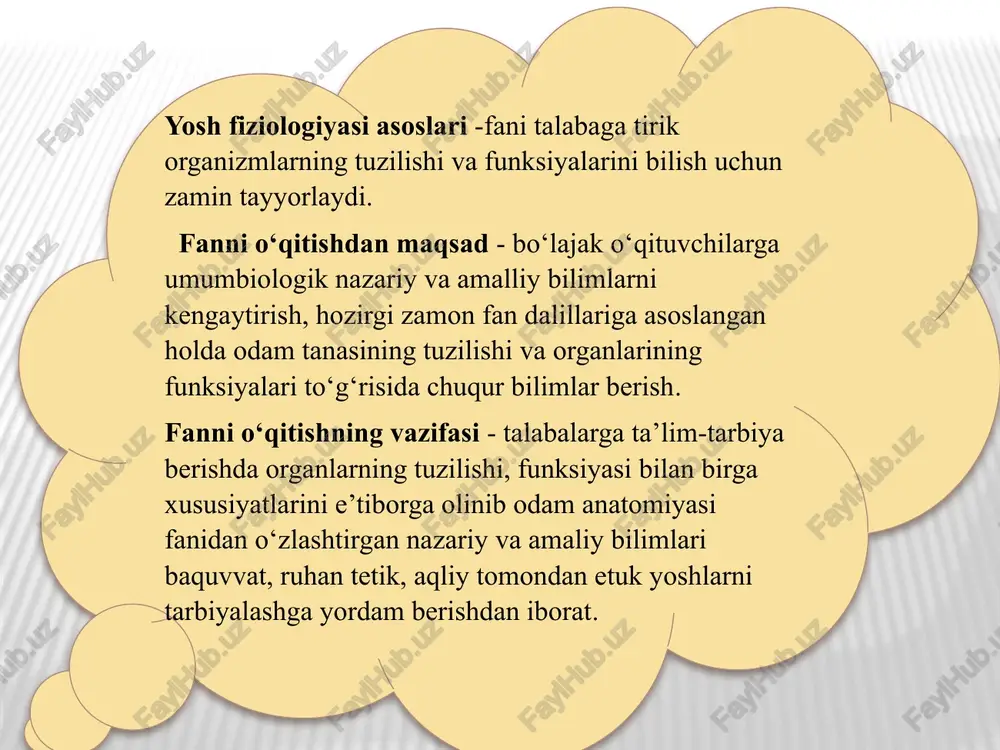 axavay buxoriy xidoyat kitoblarida dorivor o’simliklar va ko’pgina kasalliklarni davolash yo’llari haqida ma’lumotlar qoldirgan abu mansur buxoriy oddiy dorilar haqida katta to’plam abu saxl masix jurjoniy al—kimyo abu rayxon beruniy saydana abu ali ibn sino kitob al—qonun fittibb” hozirgi davrda akademik a.yu.yunusov, professor d.d.sharipova, e.s.maxmudov, z.t.tursunov, r.d.axmedov, v.d.xodjimatov va m.g.xodjimatov va m.g.mirzakarimova va ularning shogirdlari yosh fiziologiyasini rivojlantirishda o’z hissalarini qo’shib kelmoqdalar organizmning tuzilish birliglari hyjayra to’qima organ organlar sistemasi organizm bolalar o’sishi va rivojlanishining umumiy qonuniyatlari o’sish tana hujayralarining ko’payishi natijasida tirik organizm o’lchamlarining ortishi, ya’ni bo’yning chuzilishi, og’irlikning ortishidir. o’sish ayollarda o’rtacha 17-18 yoshgacha, yigitlarda 19-20 yoshgacha tugallanadi rivojlanish bola organizmi hujayralarining takomillashib, o’smirlik va etuk yoshdagi odamlarga xos bo’lgan bir muncha murakkab to’qima va organlarga ega bo’lishidir organizm jismonan, aqlan va jinsiy rivojlanadi, ya’ni, murakkablashadi. organizm o’sish va rivojlanishida barcha etaplarni bolalik, o’smirlik, o’spirinlik, yoshlik, etuklik davrlarini bosib o’tadi. o’sish bu organizmning miqdor ko’rsatkichi, rivojlanish sifat ko’rsatkichi …