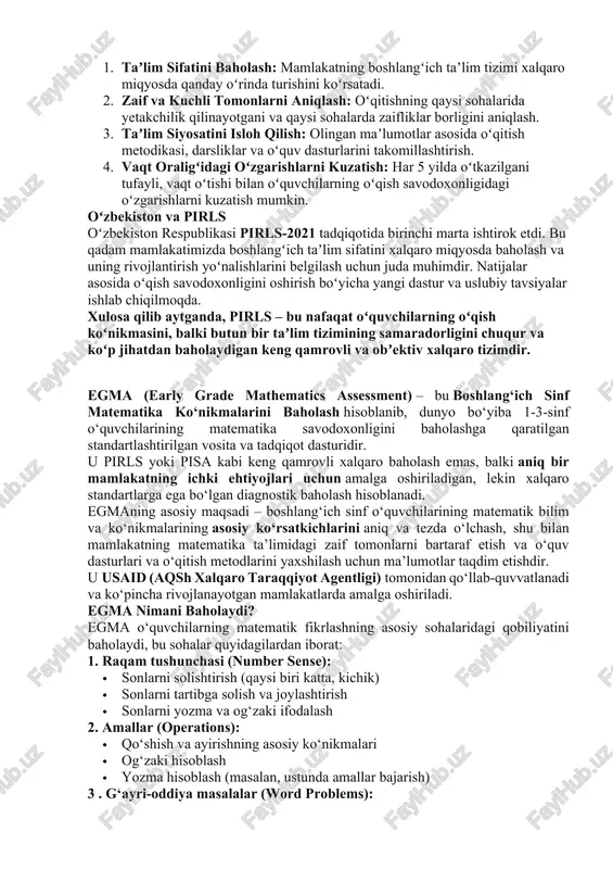 aniq (ha, yo’q) · yopiq savol-erkin , tafsilotli, fikr yuritish · soʻrovnomalar: nafaqat oʻquvchilar, balki ularning ota-onalari, maktab direktori va oʻqituvchilari ham soʻrovnomalarga javob beradilar. bu oʻqish natijalariga taʼsir etuvchi oilaviy, pedagogik va ijtimoiy omillarni oʻrganish imkonini beradi. pirls natijalarining ahamiyati pirls natijalari mamlakatlar uchun quyidagilarda muhim maʼlumot beradi: 1. taʼlim sifatini baholash: mamlakatning boshlangʻich taʼlim tizimi xalqaro miqyosda qanday oʻrinda turishini koʻrsatadi. 2. zaif va kuchli tomonlarni aniqlash: oʻqitishning qaysi sohalarida yetakchilik qilinayotgani va qaysi sohalarda zaifliklar borligini aniqlash. 3. taʼlim siyosatini isloh qilish: olingan maʼlumotlar asosida oʻqitish metodikasi, darsliklar va oʻquv dasturlarini takomillashtirish. 4. vaqt oraligʻidagi oʻzgarishlarni kuzatish: har 5 yilda oʻtkazilgani tufayli, vaqt oʻtishi bilan oʻquvchilarning oʻqish savodoxonligidagi oʻzgarishlarni kuzatish mumkin. oʻzbekiston va pirls oʻzbekiston respublikasi pirls-2021 tadqiqotida birinchi marta ishtirok etdi. bu qadam mamlakatimizda boshlangʻich taʼlim sifatini xalqaro miqyosda baholash va uning rivojlantirish yoʻnalishlarini belgilash uchun juda muhimdir. natijalar asosida oʻqish savodoxonligini oshirish boʻyicha yangi dastur …