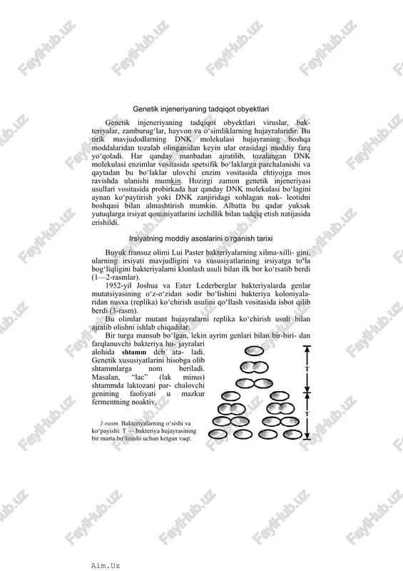 ilib, tozalangan dnk molekulasi enzimlar vositasida spetsifik bo‘laklarga parchalanishi va qaytadan bu bo‘laklar ulovchi enzim vositasida ehtiyojga mos ravishda ulanishi mumkin. hozirgi zamon genetik injeneriyasi usullari vositasida probirkada har qanday dnk molekulasi bo‘lagini aynan ko‘paytirish yoki dnk zanjiridagi xohlagan nuk- leotidni boshqasi bilan almashtirish mumkin. albatta bu qadar yuksak yutuqlarga irsiyat qonuniyatlarini izchillik bilan tadqiq etish natijasida erishildi. irsiyatning moddiy asoslarini o‘rganish tarixi buyuk fransuz olimi lui paster bakteriyalarning xilma-xilli- gini, ularning irsiyati mavjudligini va xususiyatlarining irsiyatga to‘la bog‘liqligini bakteriyalarni klonlash usuli bilan ilk bor ko‘rsatib berdi (1—2-rasmlar). 1952-yil joshua va ester lederberglar bakteriyalarda genlar mutatsiyasining o‘z-o‘zidan sodir bo‘lishini bakteriya koloniyala- ridan nusxa (replika) ko‘chirish usulini qo‘llash vositasida isbot qilib berdi (3-rasm). bu olimlar mutant hujayralarni replika ko‘chirish usuli bilan ajratib olishni ishlab chiqadilar. bir turga mansub bo‘lgan, lekin ayrim genlari bilan bir-biri- dan farqlanuvchi bakteriya hu- jayralari alohida shtamm deb ata- ladi. genetik xususiyatlarini hisobga olib shtammlarga nom beriladi. …