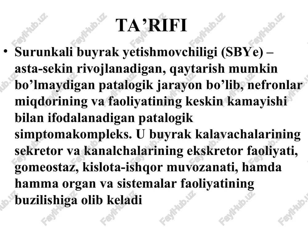 ilishi va organizmda azot modda almashinuvi mahsulotlarining tutilishi-siydikchil, kreatinin, fenol, siydik kislotasi, indollar markaziy nerv sistemasi va boshqa organlar, sistemalarga toksik ta’sir ko’rsatadi. ohirgi yillar ma’lumotiga ko’ra organizmda siydikchil va kreatinin tutilishi sbye rivojlanishining klinik ko’rinishida ozgina rol o’ynaydi. hozirgi vaqtda «uremik toksin» sifatida oqsil metabolizmi mahsulotlaridan guanidin va uning hosilalari (metilguanidin, dimetilguanidin, guanidin yantar kislotasi, guanidin sirka kislotasi, poliaminlar, miogenozital katta ahamiyatga ega patogenezi (davomi) suv muvozanatining buzilishi sbye rivojlanishida yetakchi o’rinni egallaydi. mazkur buzilishlar mehanizmi buyrak miya qavatining anatomik shikastlanishini, saqlanib qolgan nefronlarda osmotik bosim rivojlanishini o’z ichiga oladi. saqlanib qolgan nefronlar normal nefronlarga nisbatan yuqori osmatik yuklama sharoitida faoliyatlarini bajaradilar va bir daqiqada ko’pgina erigan moddalarni chiqarib tashlashga harakat qiladilar. shu sababli sbye ning ilk bosqichidayoq buyrakning siydikni kontsentratsyalash (yig’ish – to’plash) qobilyati buziladi, poliuriya rivojlanadi, siydik chiqarilishining normal ritmi yo’qoladi, nikturiya vujudga keladi. siydikning nisbiy zichligi asta-sekin pasayadi, izostenuriya rivojlanadi, so’ngra gipostenuriya sodir bo’ladi patogenezi (davomi) …