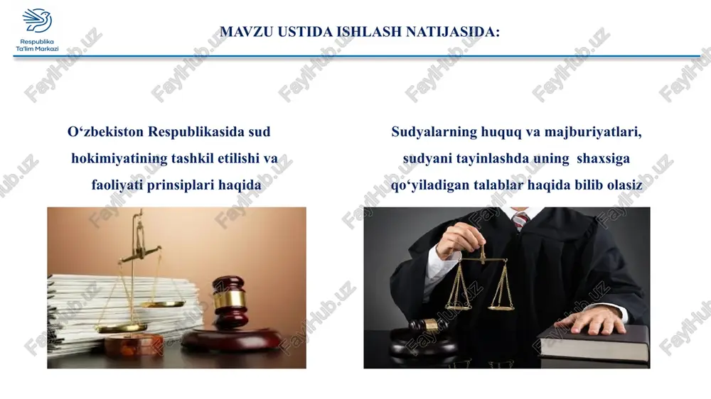 a qoraqalpog‘is-ton respublikasi, viloyatlar va toshkent shahar sudlari fuqarolik ishlari bo‘yicha qoraqalpog‘iston respublikasi, viloyatlar va toshkent shahar sudlari qoraqalpog‘ison respublikasi, viloyatlar va toshkent shahar ma’muriy sudlari qoraqalpog‘iston respublikasi, viloyatlar va toshkent shahar iqtisodiy sudlari o‘zbekiston respublikasi harbiy sudi jinoyat ishlari bo‘yicha tuman (shahar) sudlari fuqarolik ishlari bo‘yicha tumanlararo, tuman (shahar) sudlari tuman (shahar) ma’muriy sudlari tumanlararo, tuman (shahar) iqtisodiy sudlari harbiy sudlar o‘zbekiston respublikasida sudlar ish kategoriyasiga ko‘ra ixtisoslashtirilishi mumkin. favqulodda sudlar tuzilishiga yo‘l qo‘yilmaydi. o‘zbekiston respublikasi konstitutsiyasi 107-moddasi. o‘zbekiston respublikasida sud ishlarini yuritish o‘zbek, qoraqalpoq tillarida yoki o‘sha hududdagi ko‘pchilik aholi so‘zlashadigan tilda olib boriladi. sud olib borilayotgan tilni bilmaydigan sud ishtirokchisi uchun tarjimon orqali sud materiallari bilan to‘liq tanishish, sud harakatlarida qatnashish va o‘z ona tilida so‘zga chiqish huquqi ta’minlanadi. o‘zbekiston respublikasi konstitutsiyasi 115-moddasi. o‘zbekiston respublikasi konstitutsiyaviy sudi: o‘zbekiston respublikasi konstitutsiyaviy sudi qonun chiqaruvchi va ijro etuvchi hokimiyat hujjatlarining konstitutsiyaga muvofiqligi to‘g‘risidagi ishlarni ko‘rib chiqadi. o‘zbekiston respublikasi konstitutsiyaviy …