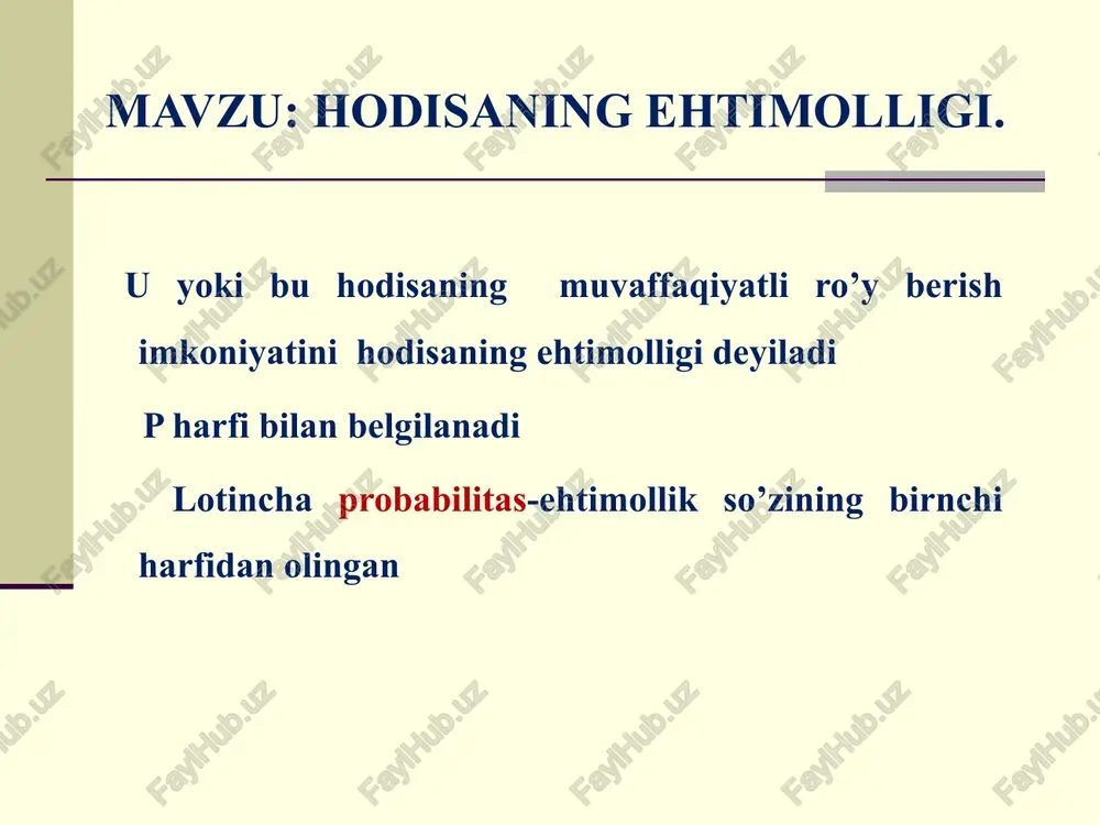 ug’diruvchi imkoniyatlardir. shu sababli a hodisaning ehtimolligi p(a) = 8/20 = 2/5 2-masala qutida 6 ta qizil 4 ta ko’k shar bor .ulardan biri tasodifan tanlanib, qutidan olindi. olingan sharning qizil bo’lishlik ehtimolligini toping. yechish tajribaning 10 ta teng imkoniyatlari mavjud: 1- shar olindi, 2- shar olindi,...10-shar olindi, ya’ni n=10. qulaylik tug’diruvchi natijalar soni esa m=6 ta p(a) = m/n = 6/10= 3/5 javob: 3/5 yodda tuting agarda biror tajribada n ta teng imkoniyatli, o’zaro juftma-juft birgalikda bo’lmagan natija mavjudbo’lib, ulardan m tasi a hodisa uchun qulaylik tug’diruvchi imkoniyatlar bo’lsa, u holda m/n nisbat a hodisa ro’y berishining ehtimolligi deyiladi va quyidagicha yoziladi p(a) = m/n 469 - masala bir xil kartochkalarga 1 dan 12 gacha sonlar yozildi. kartochkalar stolga teskarisi bilan qo’yildi va aralashtirildi.tasodifan olingan kartochkaning 1)5 ; 2) juft; 3) toq bo’lish ehtimolligini toping. yechish 1) tajribaning 12 ta teng imkoniyatlari mavjud: 1- chiqdi, 2- chiqdi,...12-chiqdi, ya’ni n=12. …