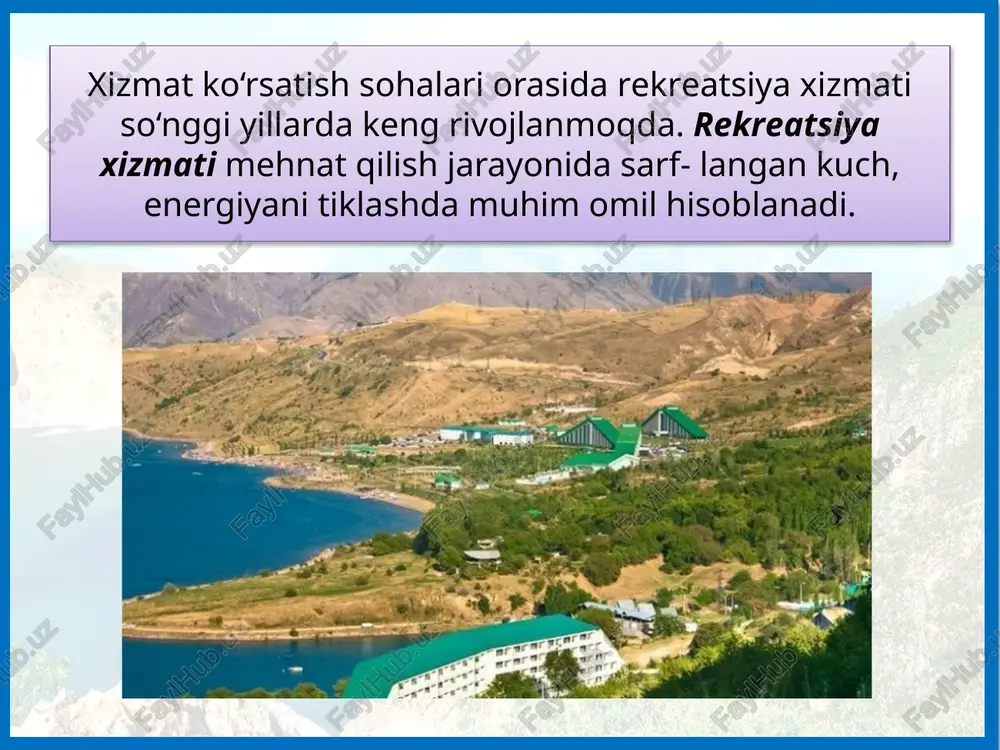 kabi shaharlarda joylashgan (80-rasm). afsus, ajdodlarimiz bunyod etgan 36 ming tarixiy obidadan 7 mingtasigina saqlangan. qolganlari mustamla- kachilar tomonidan turli yo‘llar bilan vayron etilgan. endilikda ular katta mablag‘ va mehnat sarflab bo‘lsa-da, ta’mirlanmoqda. zero, sayyohlik (turizm) dunyo iqtisodining eng jadal rivojlanayotgan sohalaridan biriga aylandi. uning keng qamrovli taraqqiyoti esa ko‘plab mamlakatlar uchun katta daromad manbayi bo‘lib bormoqda. bmtning jahon sayyohlik tashkiloti ma’lumotida 2015-yilda dunyo bo‘yicha 1,184 mlrd sayyoh qayd etilgan bo‘lsa, 2016-yil yakuni bo‘yicha bu ko‘rsatkich 1,235 mlrd ga, ya’ni 3,9 foizga oshgan. sayohatchilarga ko‘rsatilgan eksport xizmatlari qiymati 2015-yilda qariyb 1,5 trillion aqsh dollarini tashkil qilgan. 2016–2017-yillarda ham bu raqamlarda katta tafovutni ko‘rish mumkin. shu bois, dunyoning ko‘plab davlatlari ushbu sohani yanada rivojlantirish, bu borada tegishli infrastrukturani jahon standartlari darajasida yaratish va sayyohlar oqimini oshirish bo‘yicha barcha chora-tadbirlarni amalga oshirmoqda. 2015-yilda eng ko‘p xorijlik mehmonlarni qabul qilishda fransiya (83,7 million), aqsh (74,8 million), ispaniya (65,0 million), xitoy (55,6 million) va …