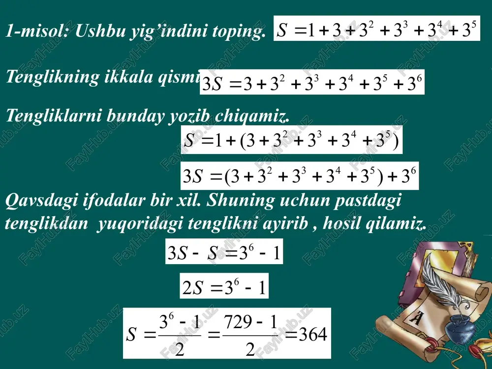 kvadrilion 774 trillion 73 milliard 709 million 551 ming 615 dona birinchi hadi 1, ikkinchi hadi 2 bo’lgan geometrik progressiya mustahkamlash uchun: “bilimdonlar maydoni” o’yini mustahkamlash uchun savollar: 1. geometrik progreesiya dastlabki n ta hadining yig’indisi qanday topiladi? 2. geometrik progressiya n-hadini topish formulasini ayting. 3. bn va q ning farqi nimada? 4. guruh nomlariga haqida qisqacha ta’rif bering 6. ushbu afsonadagi maxrajini ayting 5. shaxmat afsonasidagi keltirilgan misolda qaysi progressiyaga oidligini tushundingiz dars yakuni geometrik progressiyaning dastlabki n ta hadining yig’indisining formulasi va unga oid misollar yechish 1. bugungi darsda nimalarni o’rgandik uyga vazifa 33-§. № 440(2,4, 6); № 441(2); № 442 (2). foydalanilgan adabiyotlar: algebra: umumiy o’rta ta’lim maktablarining 9-sinfi uchun darslik/ sh.a.alimov, o.r.xolmuhammedov, m.a.mirzaahmedov 3-nashri.-t.: “o’qituvchi” nmiu, 2014.-240 b 2. 9-sinfda algebra o’qituvchilar uchun uslubiy qo’llanma/ sh.a.alimov, o.r.xolmuhammedov, m.a.mirzaahmedov 3-nashri.-t.: “o’qituvchi” nmiu, 2009.-207 b http://nsportal.ru/shkola/algebra/library/ foydlanilgan saytlar: http://ziyonet.uz image1.png image2.wmf image3.wmf image4.wmf image5.wmf image6.wmf image7.wmf image8.wmf image9.wmf …