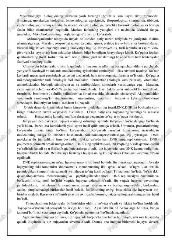 hujayradagi butun kimyoviy moddalarning (oqsil,rnk,dnk va boshqalar) bir-biriga mutanosib tarzda ko’payishi tushiniladi. o’sish natijasida hujayraning kattaligi va massasi oshadi. hujayraning kattaligi ma’lum darajaga yetgandan so’ng, u ko’paya boshlaydi. ko’payish deb bakteriya hujayra sonining oshishiga aytiladi. ko’payish ko’ndalangiga bo’linish yo’li bilan, bazan esa kurtaklanib yoki spora hosil qilib amalga oshadi. umuman, prokariotlarning ko’payishi jinssiz binar bo’linib ko’payishdir. ko’payish jarayoni hujayraning uzayishidan nukleoidning ikkiga bo’linishdan boshlanadi. nukleoid-superspirallashgan, zij joylashgan dnk molekulasidir (u replikon ham deyiladi). bakteriyalarda ham dnk ning replikatsiyasi, dnk-polimeraza fermenti orqali amalga oshadi. dnk ning replikatsiyasi, bir vaqtning o’zida qarama-qarshi yo’nalishda ketadi va u ikkilanib qiz hujayralarga o’tadi, qiz hujayrada ham dnk ketma-ketligi ona hujayranikidek bo’ladi. replikatsiya bakteriya hujayrasining ko’payishiga ketadigan vaqtning 80%ni egallaydi. dnk replikatsiyasidan so’ng, hujayralararo to’siq hosil bo’ladi. bu murakkab jarayondir. avvalo hujayraning ikki tomonidan sitoplazmatik membrananing ikki qavati o’sadi, so’ngra, ular orasida peptidoglikan (murein) sintezlanadi va nihoyat to’siq hosil bo’ladi. to’siq hosil bo’ladi. to’siq ikki qavat …