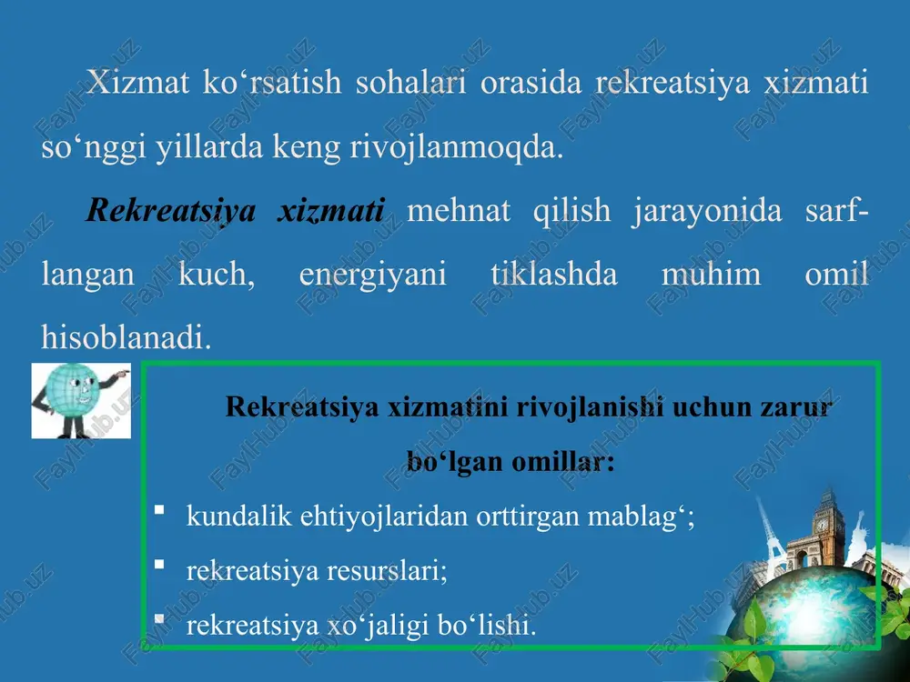 n. qolganlari mustamla-kachilar tomonidan turli yo‘llar bilan vayron etilgan. endilikda ular katta mablag‘ va mehnat sarflab bo‘lsa-da, ta’mirlanmoqda. zero, sayyohlik (turizm) dunyo iqtisodining eng jadal rivojlanayotgan sohalaridan biriga aylandi. uning keng qamrovli taraqqiyoti esa ko‘plab mamlakatlar uchun katta daromad manbayi bo‘lib bormoqda. bmtning jahon sayyohlik tashkiloti ma’lumotida 2015-yilda dunyo bo‘yicha 1,184 mlrd sayyoh qayd etilgan bo‘lsa, 2016-yil yakuni bo‘yicha bu ko‘rsatkich 1,235 mlrd ga, ya’ni 3,9 foizga oshgan. sayohatchilarga ko‘rsatilgan eksport xizmatlari qiymati 2015-yilda qariyb 1,5 trillion aqsh dollarini tashkil qilgan. 2016-2017-yillarda ham bu raqamlarda katta tafovutni ko‘rish mumkin. shu bois, dunyoning ko‘plab davlatlari ushbu sohani yanada rivoj-lantirish, bu borada tegishli infrastrukturani jahon standartlari darajasida yaratish va sayyohlar oqimini oshirish bo‘yicha barcha chora-tadbirlarni amalga oshirmoqda. 2015-yilda eng ko‘p xorijlik mehmonlarni qabul qilishda fransiya (83,7 million), aqsh (74,8 million), ispaniya (65,0 million), xitoy (55,6 million) va italiya (48,6 million) kuchli beshlikni egalladi. afsus-ki, o‘zbekiston bu sohada hali ancha orqada ekanligini ko‘rish …