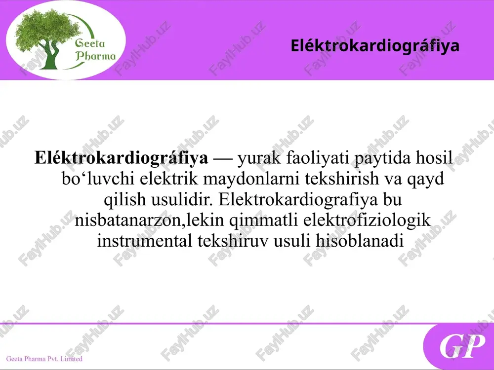 v8 lin. scapularis sinistra va 4 tarmoqdan o‘tkazilgan gorizontal chiziq kesishgan joyida v9 lin. paravertebralis sinistra va 4 tarmoqdan o‘tkazilgan gorizantal chiziq kesishgan joyida v7, v8, v9 tarmoqlar klinika amaliyotida uncha keng qo‘llanilmaydi. ular yurakning orqa bo‘limlarida kechayotgan miokard infarktining aniq joylashuvini bilish uchun kerakdir ekg standartnoy lentada tezlik 25 mm/sek 1 mm – 0,04 sek 5 mm – 0,20 sek kuchlanish 1 mv bo‘lganda otkloneniyu na 10 mm p-tishcha r - tishcha yurak bo‘lmachalari qo‘zg‘alishini ko‘rsatadi. ko‘tariluvchi qismi - o‘ng bo‘lmacha qo‘zg‘alishiga to‘g‘ri keladi tushuvchi qismi – chap bo‘lmachaga to‘g‘ri keladi r tishcha kengligi = 0,06 - 0,1 sek. amplitudasi - 0,5 - 2,5 mm r-q intervali interval r-q 0,08-0,1 s ga teng. bo‘lmacha qo‘zg‘alish boshlanishidan qorinchalar qo‘zg‘alish boshlanishigacha bo‘lgan oraliqga to‘g‘ri keladi davomiylik masofasi (interval) r-q 0,12-0,2 sek qrst kompleks bu oraliq ekg dagi q tishcha (yoki r tishcha) boshlanishidan t tishcha oxirigacha bo‘lgan masofa hisoblanadi. bu kompleks …
