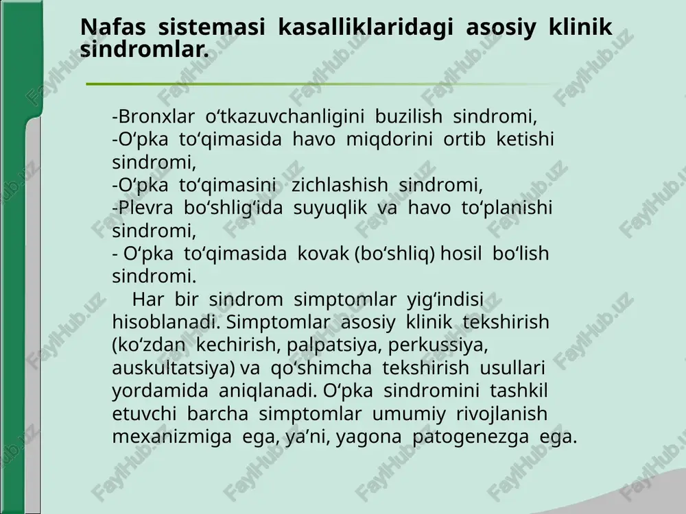 yalar funksional tip: ekzobronxial: -o‘pkani elastiklik xususiyati kamayganda (emfizema) bronxlarni kengayishini pasayishi. -ko‘krak qafasini hajmini kamayishi (assit, meteorizm, semirish). endobronxial: bronx muskullarini tonusini ortib ketishi bronx sekretsiyasini ko‘p ajralishi bronxlar shilliq devorini shishib ketishi (bronxial astma). bronxlar o‘tkazuvchanligini buzilishi klinik manzarasi -shikoyatlar: ekspirator xarakterga ega bo‘lgan kuchli xansirash- bo‘g‘ilish (astma). -umumiy ko‘zdan kechirish: vaziyati – ortopnoe, nafas muskullari nafas aktida faol ishtirok etadi, yuzi kerikkan, sianoz. - ko‘krak qafasini ko‘zdan kechirish: ko‘krak qafasi emfizematoz. distansion xirillashlar eshitiladi. -ko‘krak qafasini palpatsiyasi: ko‘krak qafasi rigid, ekskursiyasi keskin cheklangan, ovoz dirillashi barcha sohada susaygan. -ko‘krak qafasini taqqoslama perkussiyasi: barcha maydonlarda baland qutichasimon perkutor tovush. -topografik perkussiya: o‘pkani yuqori chegarasi ko‘tarilgan, pastki chegaralari pastga siljigan. o‘pka ekskursiyasi keskin cheklangan. - auskultatsiya – nafas chiqarish fazasi uzaygan, vezikulyar nafas susaygan, xar ohangli ko‘plab quruq hushtaksimon xirillashlar. bronxofoniya susaygan. bronxlar o‘tkazuvchanligini buzilishi labarator – instrumental tekshirish ma’lumotlari: -qonni analizi: leykotsitoz, leykoformulani bir oz chapga surilishi bilan …