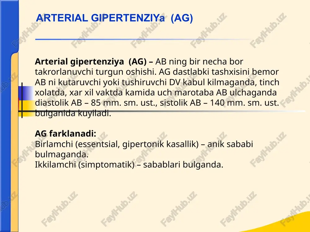 ar: - anamnez, shikoyatlar,kuzdan kechirish, palpatsiya, perkussiya, yurak va magistral tomirlar auskultatsiyasi - qo’l va oyoklarda ab - ekg, yurak va upkalar rentgenogrammasi - ko’z tubi - buyrak utt, exokg - qon: ukt, mochevina, kreatinin, xolesterin, triglitsiridlar, kaliy, natriy glyukoza - siydik: umumiy analiz, zimnitskiy probasi, nechiporenko, sutkalik oksil, bakteriuriya ii bosqich kursatmalarga asosan tekshiruvlar : instrumental tekshiruvlar: bosh chanogi va turk egari r-grammasi, ekg va ab sutkalik monitoringi, bosh miya, yurak, kul-oyok tomirlar reografiyasi, buyraklar radioizotop tekshiruvi, bosh chanogi va korin bushligi kompyuter tomografiyasi, korin aortografiyasi, yamr- tomografiya gipertonik kasallik diagnostikasi anamnez yigish xususiyatlari: - ab va yukt sistemasi kasalliklari oilaviy anamnezi - anamnezda serebrovaskulyar, buyrak kasalliklari, diabet - anamnezda ab oshishi xolatlari - dv kabul kilish - bemorning tana vazni, jismoniy faolligi, iste’mol kilinuvchi tuz, yog, alkogol mikdori, chekish - ab ta’sir kiluvchi ijtimoiy-ruxiy sharoitlar, atrof- muxit omillari gipertonik kasallik diagnostikasi gipertonik kasallik simptomatologiyasi. klinik kurinishlar kasallik boskichlarigi …