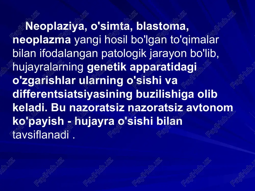 higa olib kelishi mumkin . o'simta hujayralarining keyingi o'sishi va ko'payishi bilan virus muhim rol o'ynashni to'xtatadi . burkitt limfomasi t-limfotsitlarning o'sishi va kamolotiga mas'ul bo'lgan genlardagi mutatsiyalar tufayli limfoid to'qimalarning shikastlanishi, ularning nazoratsiz bo'linishi boshlanadi, hujayralarning kamolotga etish jarayoni orqada qoladi va yetilmagan blast limfotsitlar hosil bo'ladi. fizik-kimyoviy nazariya o'smalarning rivojlanishining asosiy sababini turli fizik va kimyoviy omillarning organizm hujayralariga ta'siri (rentgen va gamma nurlari, kanserogen moddalar) deb hisoblaydi, bu esa ularning onkologik o'zgarishiga olib keladi. ekzogen kimyoviy kanserogenlarga qo'shimcha ravishda, o'smalarning paydo bo'lishida endogen kanserogenlarning (xususan, triptofan va tirozin metabolitlari) roli ushbu moddalar tomonidan proto-onkogenlarning faollashishi orqali ko'rib chiqiladi, bu esa onkoproteinlarning sintezi orqali o'zgarishlarga olib keladi. hujayradan o'simta hujayrasiga aylanadi. dishormonal karsinogenez nazariyasi o'smalarning sababi sifatida organizmdagi turli gormonal nomutanosibliklarni ko'rib chiqadi. dizontogenetik nazariya o'simta rivojlanishining sababini qo'zg'atuvchi omillar ta'sirida to'qima hujayralarining onkologik transformatsiyasiga olib kelishi mumkin bo'lgan to'qimalar embriogenezidagi buzilishlar deb hisoblaydi. shishlarning morfogenezi spazmodik va …