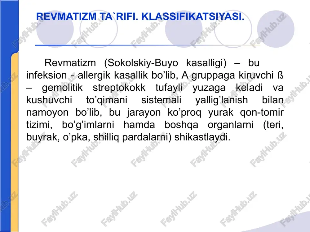 vmatizm kechish variantlari revmatizm klassifikatsiyasi kasallik fazasi yurak shikastlanishini klinik-anatomik xarakteristikasi boshqa organlarning kechish tabiati qon aylanish holati faol klapanlar nuksonisiz birlamchi revmokardit serozit, poliartritlar (plevrit, abdominal sindrom) o’tkir kechish o’tkir osti kechish cho’zilib kechish to’xtovsiz retsidivli kechish latent kechish kae - o kae - i kae - ii a faollik i, ii, iii dar. klapanlar nuksoili kaytalanuvchi revmokardit (kanday) yurakni yakkol uzgarishlarisiz revmatizmi xoreya, ensefalit serebral vaskulit, asab-ruxiy buzilishlar. vaskulitlar, nefritlar, gepatitlar, pnevmoniyalar, teri shikastlanishi, irit, iridotsiklit kae - ii b kae - iii nofaol faza revmatik miokardioskleroz yurak nuksoni (kaysi) tireoidit, yurakka alokador bulmagan shikastlanishlar asoratlar va koldik xodisalar katta kriteriyalar: kardit, poliartrit, xoreya, xalkasimon eritema, teri osti tuganaklari. jsst (1988) ma’lumoti buyicha revmatizmni diagnostik kriteriyalari. streptokokk (angina, faringit, skarlatina) infektsiyalaridan so’ng 1-2 haftadan keyin boshlanadi. shikoyatlar: subfebril temperaturaga, xolsizlikka, terlashga, yurakni tez urishiga, yurak sohasidagi og’riq xissiga xansirashga yirik bo’g’imlardagi og’riqqa bemor hayoti tarixi. nasl-nasabi va oilaviy …