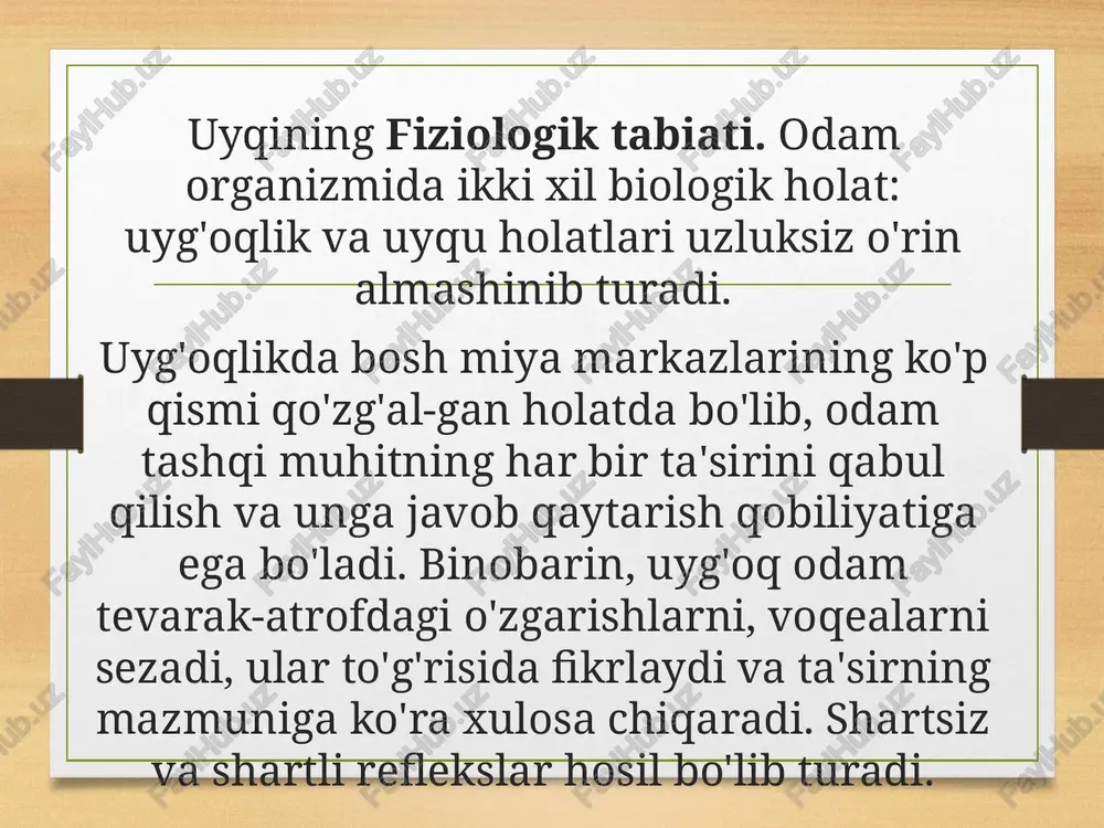 ngi uyqu^jr^l bosqichdan iborat bolib, har qaysi bosqichda sekin va fez uyqu davrlari takrorlanib turadi. sekin uyqu davri 1—1,5 soat, tez uyqu davri 10—30 minut davom etadi. uyqu davrida nafas olish, yurak urishi sekinlashadi. binobarin, bu vaqtda bosh miya nerv hujayraiarida tormozlanish holati chuqurlashadi. tez uyqu davrida nafas olish, yurak urishi malum darajada tezlashadi. buning sa-babi shundaki, bu vaqtda bosh miya nerv hujayraiarida tormoz­lanish susayadi. shuning uchun tez uyqu davrida ba'zan tush ko'jish sodir boladi. obrazets teksta vtoroy uroven tretiy uroven chetvertiy uroven pyatiy uroven uyqi turlari tabiiy fiziologik uyqu gipnotik uyqi narkotik uyqi uyqi kasalliklari tabiiy fiziologik uyqu har kungi tundagi normal uyqudir^odam organizmining tabiiy fiziologik uyquga ehtiyoji yoshga qarab turlicha bo'ladi. chaqaloqlarda bir kecha-kunduzda 21—22 soat, 1 yoshli bolada 16-17 soat, 6-7 yoshda 12-13 soat, 13-14 yoshda 9,5-10 soat, kattalarda 8 soat. gipnotik uyqu boshqa odam yoki gipnozchining har xil so'zlari va harakatlari ta'sirida yuzaga keladi. bunda gipnozlangan …
