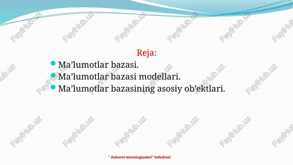 ldirib harakat va tovush effektlariga ega bo’lgan axborotlardir. "axborot texnologiyalari" kafedrasi mb ni boshqarishda keng miqyosda ishlatilishi quyidagi faktorlar bilan aniqlangan: operativligi (ma’lumotlarga tez va operativ kirish imkoniyati bilan); qulayligi (istalgan talabga javob ola olishligi, ma’lumotlarni takomillashtirish va o’zgartiruvchi effektiv usullarning mavjudligi); himoyalanganligi va yaxlitligi (ma’lumotlarga ruxsatsiz kirish mumkin emasligi hamda kompyuter texnik vositalarining nosozligidan himoyalanganligi). ma’lumotlar bazasi modellari "axborot texnologiyalari" kafedrasi relyastion modelgacha relyastion model relyastion modeldan keyin. ma’lumotlarning ierarxik modellari "axborot texnologiyalari" kafedrasi ma’lumotlarning to’r (tarmoqlangan) modellari. "axborot texnologiyalari" kafedrasi ma’lumotlarning relyastion modellari. ierarxik va tarmoqli modellarning kamchiliklarini bartaraf etish ustida izlanishlar olib borildi. natijada, 1970 yil ibm firmasining xodimi e.f. kodd tomonidan munosabatlarning matematik nazariyasi asosida relyastion model g’oyasi ishlab chiqildi va u hozirgi paytda eng ko’p tarqalgan model hisoblanadi. relyastion (lotin tilidagi relatio-munosabat so’zidan olingan) modelda ma’lumotlarni saqlash, uni tashkil etuvchi qismlari orasidagi munosabatlarga asoslangan. ma’lumotlarning jadval ko’rinishida berilishi ma’lumotlarning relyastion modeli deyiladi. ma’lumotlarning relyastion modeli …