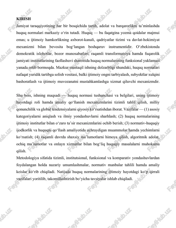 langan holda nazariy umumlashmalar, normativ manbalar tahlili hamda amaliy keislar ko‘rib chiqiladi. natijada huquq normalarining ijtimoiy hayotdagi ko‘p qirrali vazifalari yoritilib, takomillashtirish bo‘yicha tavsiyalar ishlab chiqiladi. i. huquq normasi va uning ijtimoiy-me’yoriy tizimdagi o‘rni 1) tushuncha (ta’rif va mazmun) huquq normasi — davlat tomonidan rasmiy e’tirof etilgan va majburiy kuchga ega bo‘lgan, takror qo‘llanish xususiyatiga ega xulq-atvor qoidasidir; u ijtimoiy munosabatlarda subyektlarning (shaxslar, tashkilotlar, davlat organlari) huquq va majburiyatlarini belgilaydi hamda ular buzilganda javobgarlik oqibatlarini nazarda tutadi. norma alohida hodisa uchun emas, mavjud yoki kutiladigan tipik vaziyatlar uchun ishlab chiqiladi va davlat majburlov mexanizmi bilan kafolatlanadi. normaning tuzilishi (klassik model) gipoteza — qoida qachon va kimga tatbiq etilishini ko‘rsatadi (shartlar, vaziyatlar). dispozitsiya — nima qilish kerakligini belgilaydi (ruxsat berish, majbur qilish, taqiqlash). sanksiya — qoida buzilganda qanday oqibat bo‘lishini ko‘rsatadi (jarima, ma’muriy/jinoiy javobgarlik, muomala ashyolarini musodara qilish va b.). 2) belgilar (asosiy xususiyatlar) 1. umummajburiylik: norma hamma uchun teng darajada …